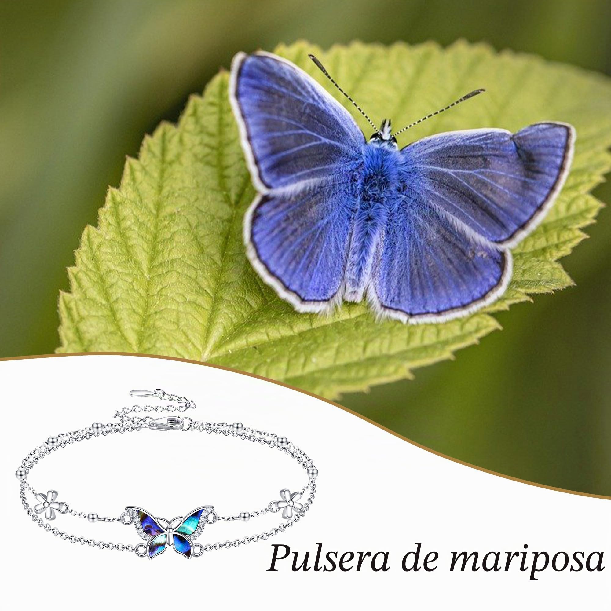 DAYLINLOVE Pulsera de plata de ley 925 con diseño de animales, mariposa, abeja, gato, libélula, mariquita, pavo real, cadena de doble capa, regalo para mujeres y niñas, One Size, Plata de ley, Sin