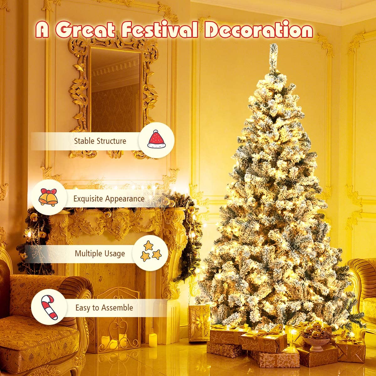 DREAMADE 230cm Künstlicher Weihnachtsbaum mit Schnee, 450 LEDs & 1010 PVC-Spitzen,Tannenbaum, Beflockung Christbaum mit Metallständer