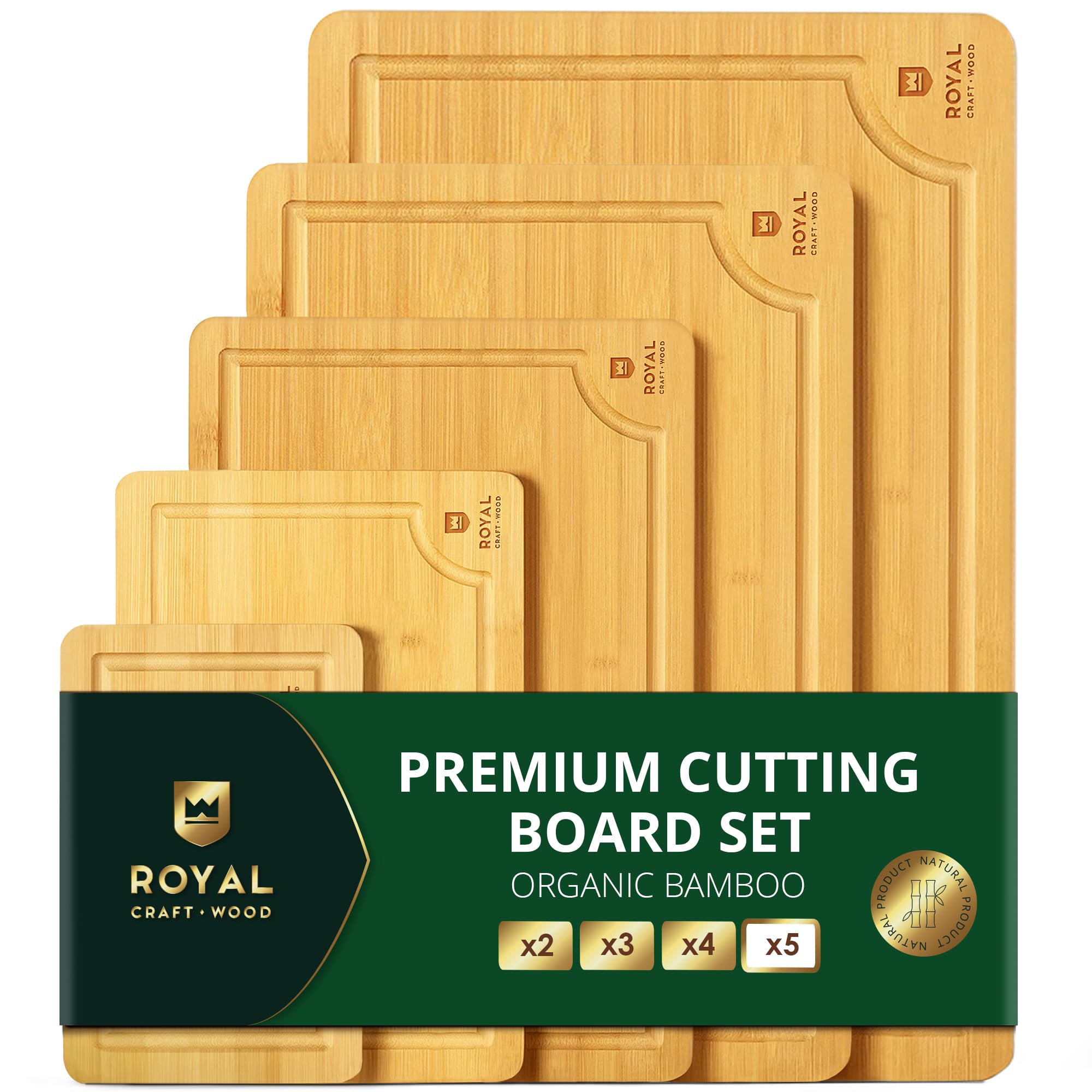 ROYAL CRAFT WOOD Wooden Cutting Boards for Kitchen Meal Prep & Serving - Bamboo Wood Serving Board Set with Deep Juice Groove Side Handles - Charcuterie & Chopping Butcher Block for Meat