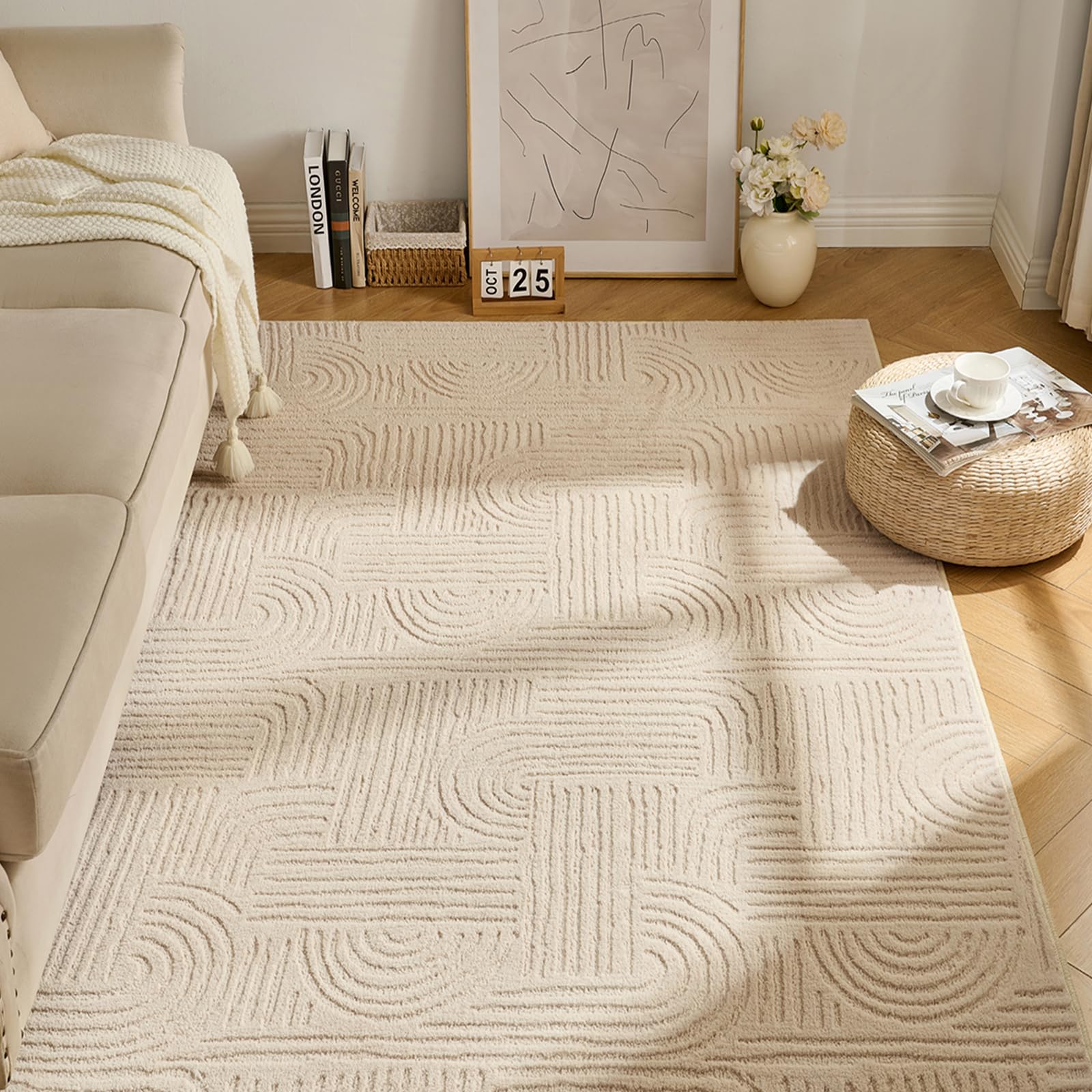 Ceneco Washable Rugs for Bedroom 60x110cm,Beige Rugs Living Room,Fluffy Small Short Pile Rug, 3D High-Low Texture, Non Slip Geometric Carpet, Soft Area Rug for Kids Beside Kitchen Lounge Runner(Beige) — image 1