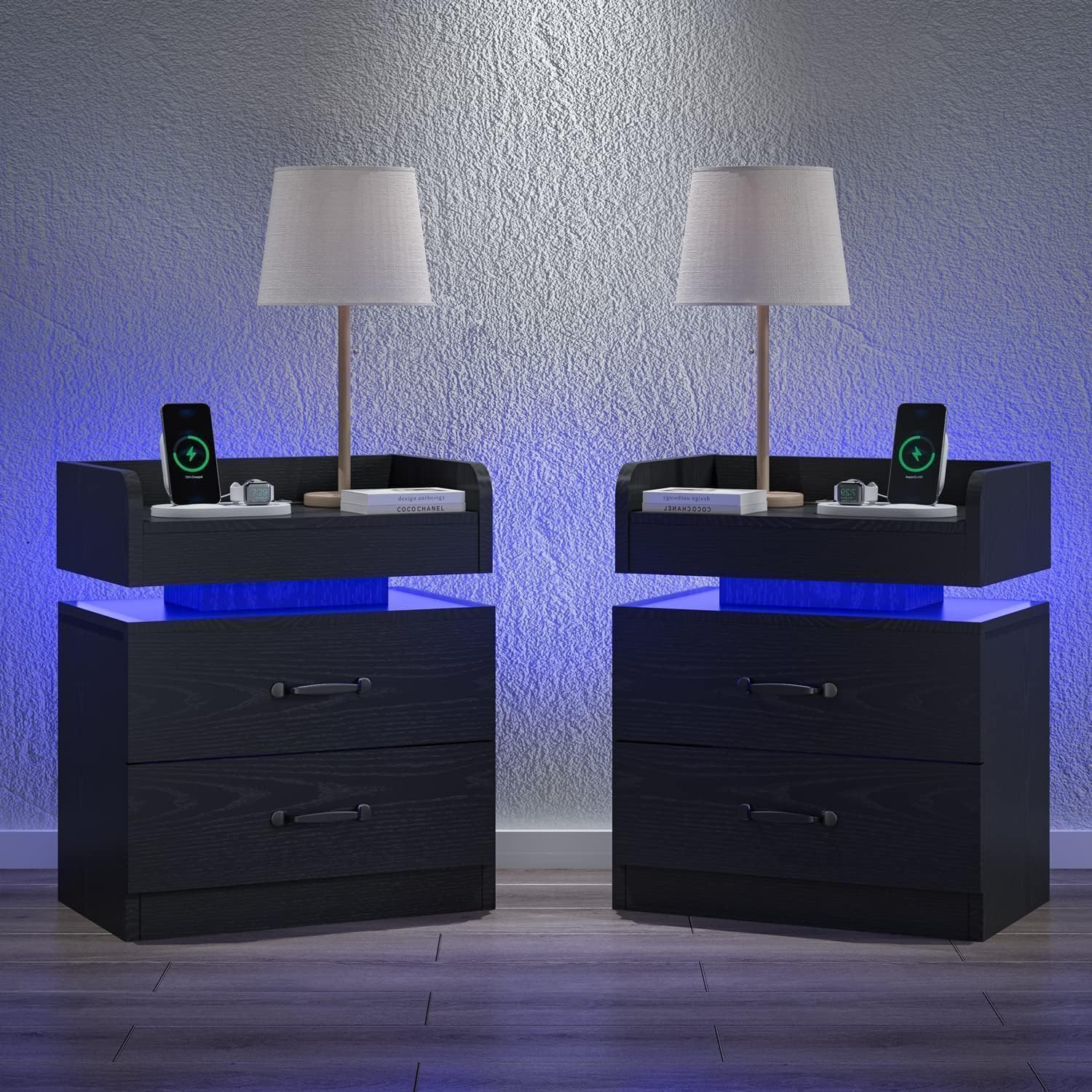 Assembled 4ever2buy Black Nightstand with Charging Station and LED Lights