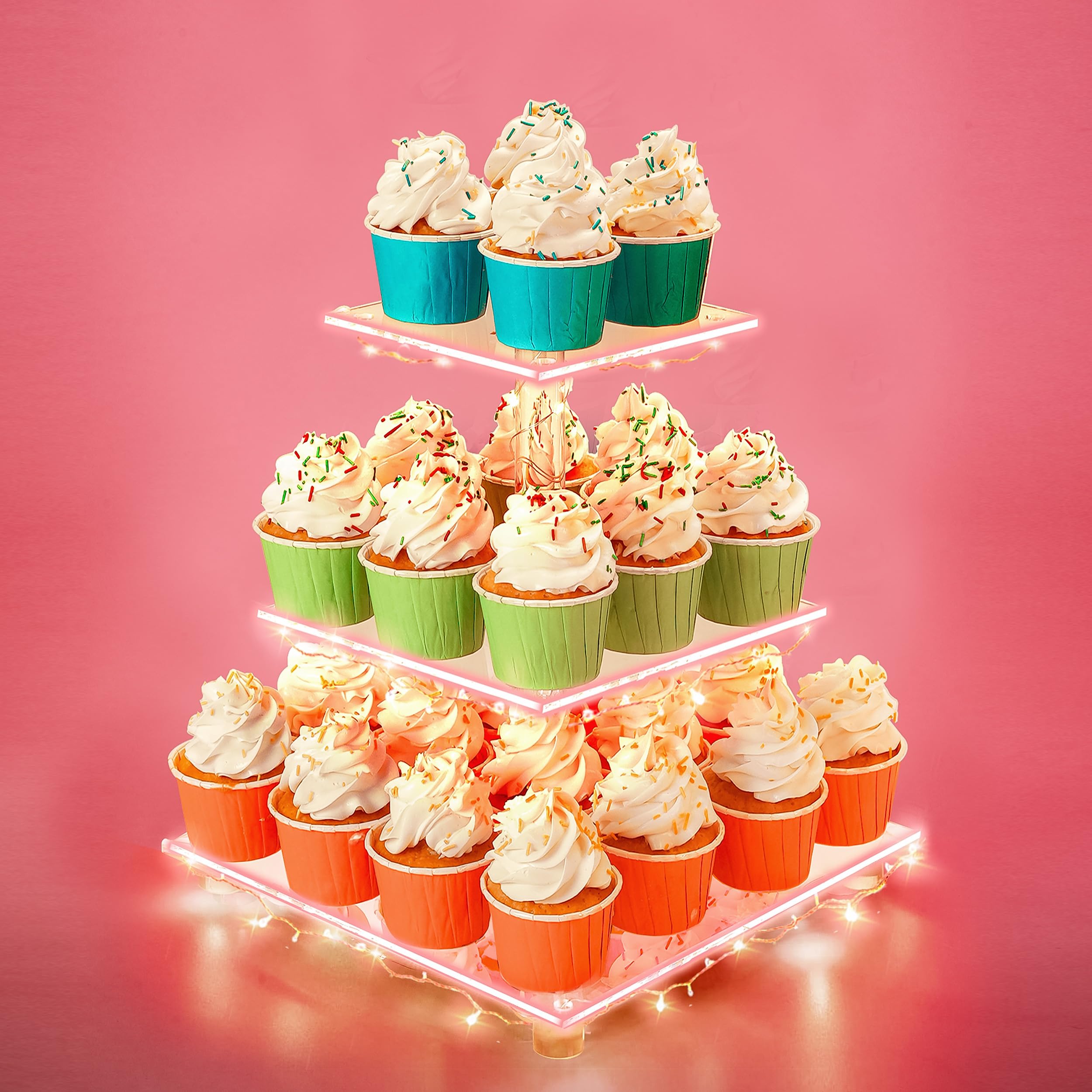 Utopia Home - Acrylic Cupcake Stand with LED Light Strings - 3 Tier Cupcake Tower - Cup Cake Tier Stand for Dessert Table - For Weddings Birthday Parties - Pack of 1 - Red