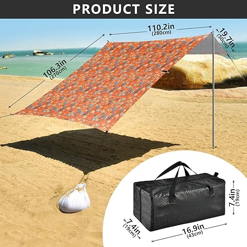 Miniatura 3 de Cacti Orange Foldable Beach Canopy UPF50+ Waterproof Outdoor Sun Shade with Sand Shovel, Sandbags for Family Trips, Picnics & Camping