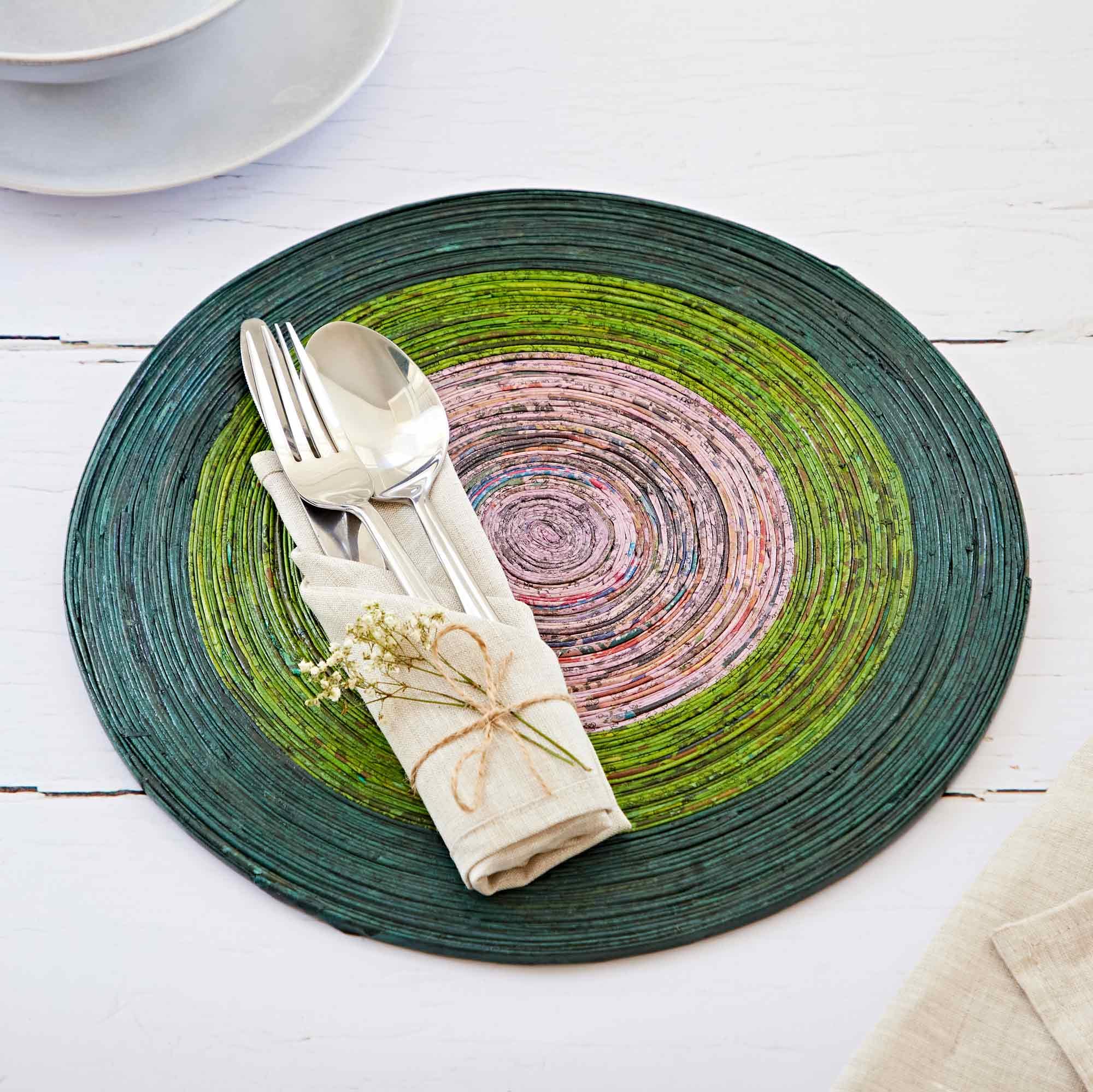 Paper High Men's Dark Green/Green/Lilac Recycled Newspaper Round Placemats - | Large | Sustainable Placemats | Handmade Colourful Placemats | Fair Trade Gifts For And Wo