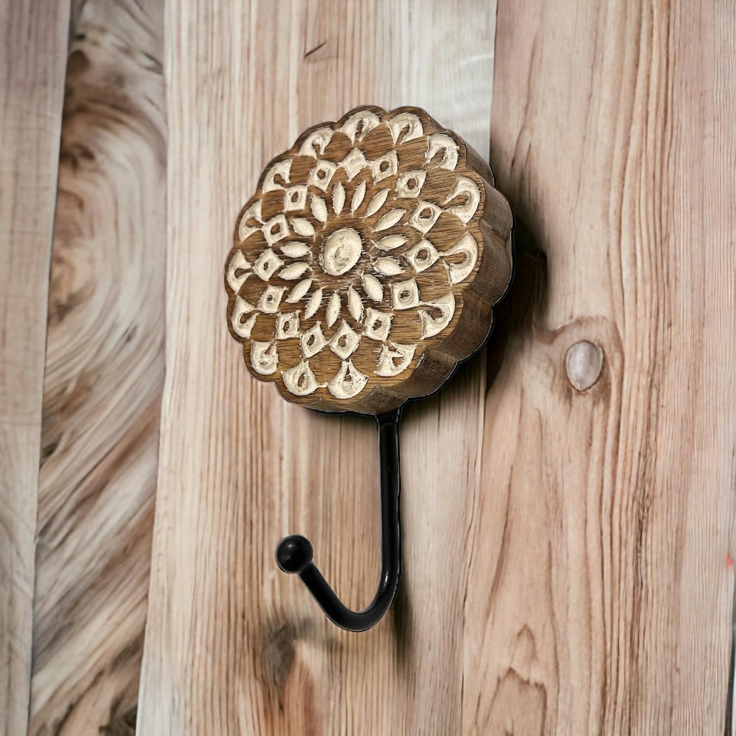 SB Arts Wooden Wall Hooks Decorative Mandala Art Boho Chic Handmade Heavy Duty Wooden Wall Mount Vintage for Hanging Coats Modern Wood Carved Key Hook for Purses Towels Keys Clothes Jewelry Hanger