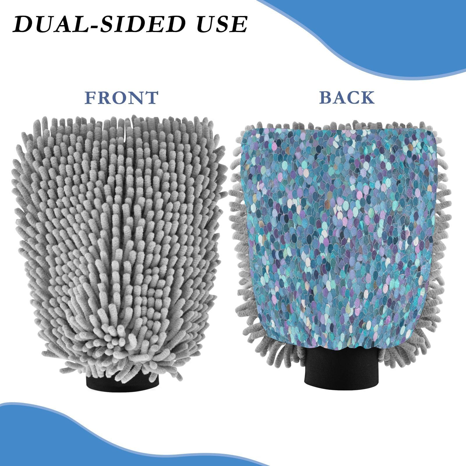 GakkiGii Sequins 2 Pack Microfiber Car Wash Mitts, Dual-Sided Chenille Gloves, Scratch-Free for Auto Detailing & Home Cleaning, M