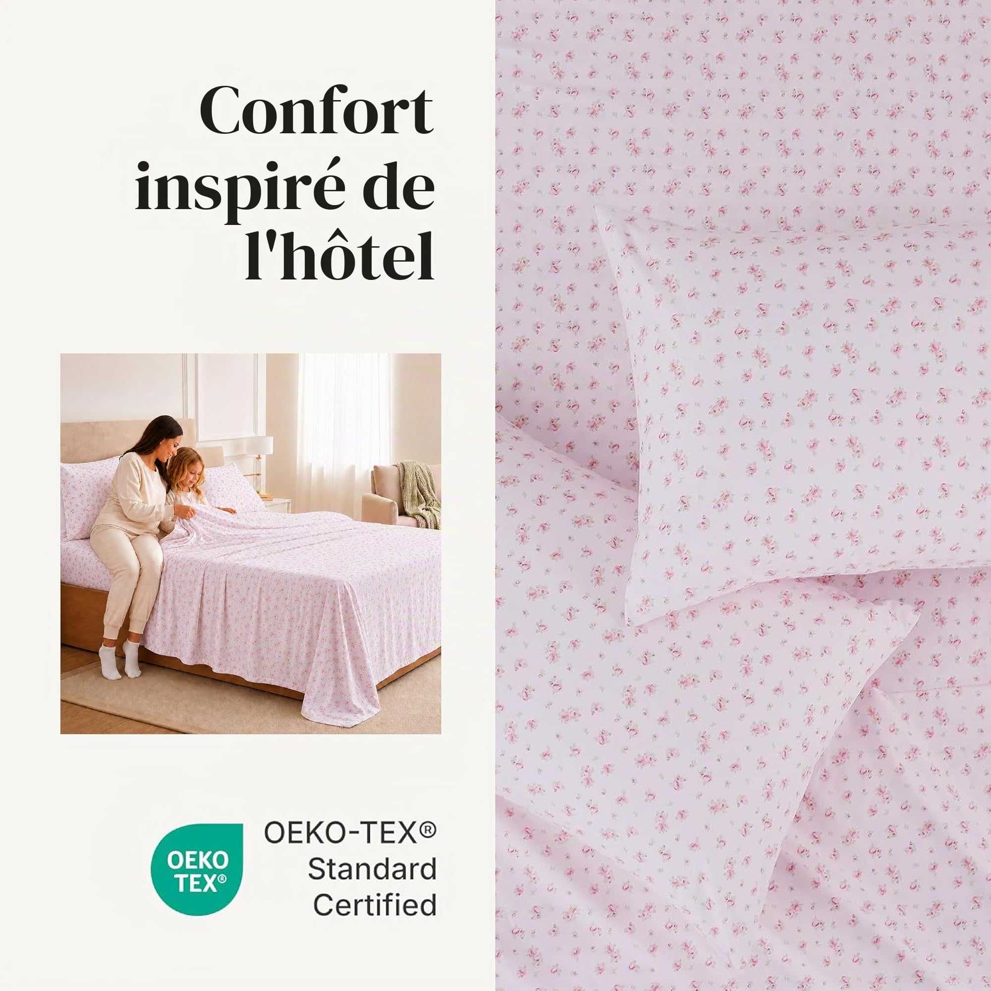 Modern Threads Parure de lit Douce et Soyeuse en Microfibre Infroissable, avec Drap Plat, Drap-Housse avec Bonnets Profonds et taies d'oreiller, Rose à Motif Fleurs (Blush), lit King Size californien