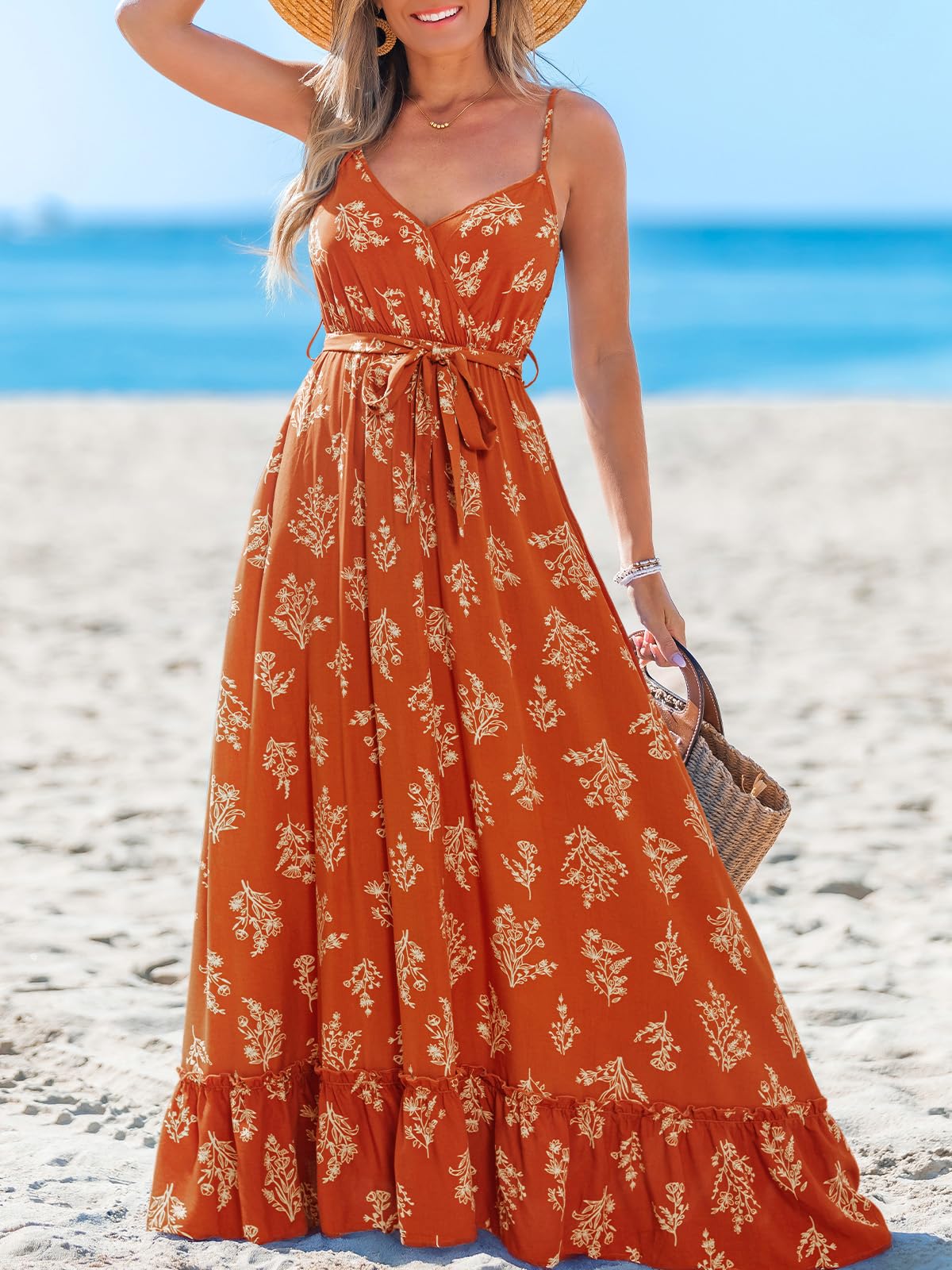 CUPSHE Robe longue pour femme avec bretelles spaghetti et col en V sans manches avec ceinture - Style bohème - Poches d'été - Vacances