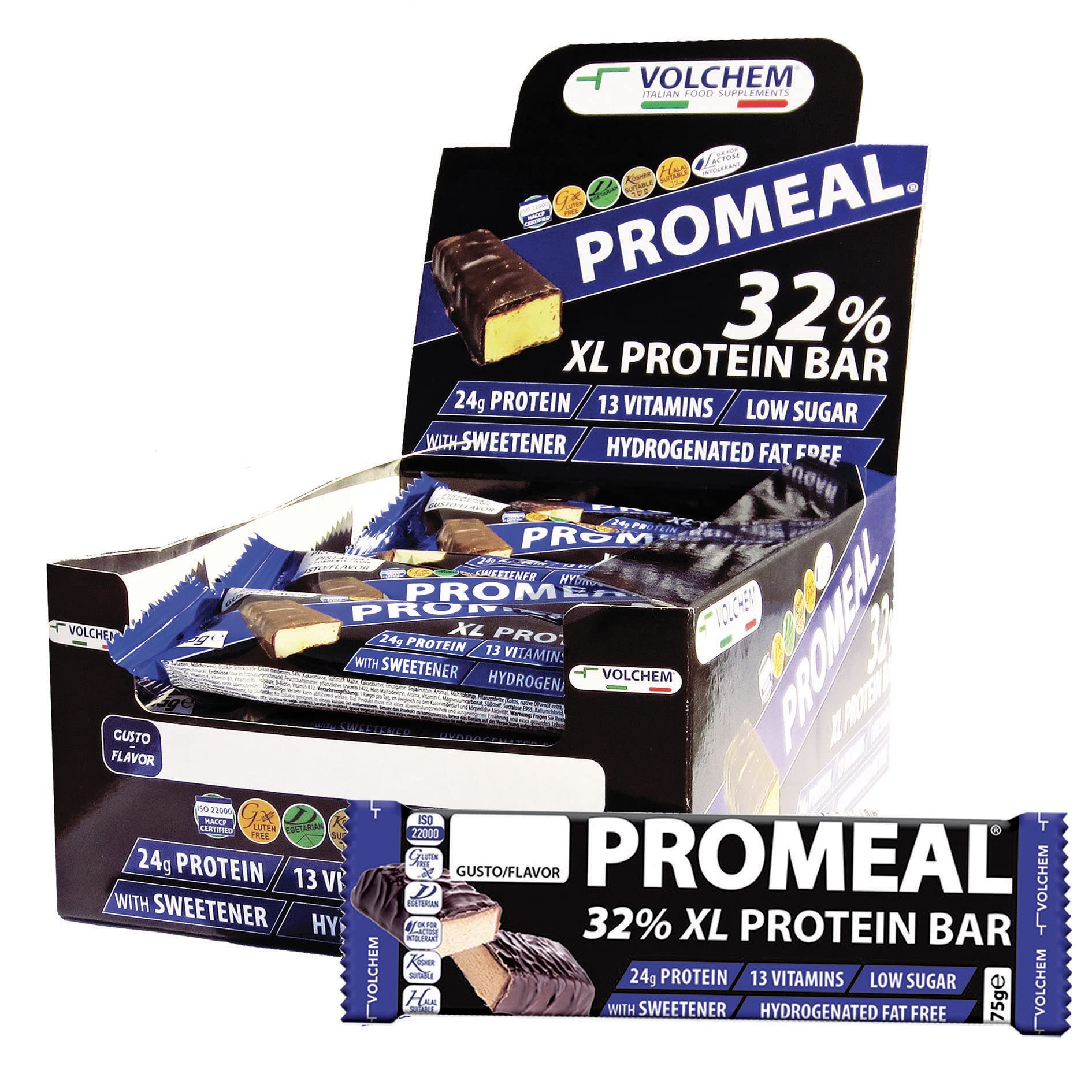 Volchem Promeal Protein 32 XL, Barretta Proteica al 32% di Proteine, con Vitamine, Senza Grassi Idrogenati, Conservanti e con Pochi Zuccheri, Scatola da 20 Barrette, Gusto Cacao, 1500 g