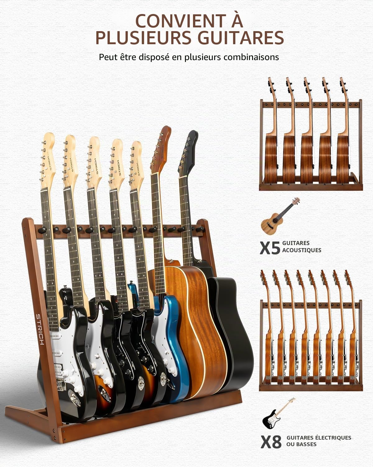 STRICH Support de guitare en bois pour 5 guitares acoustiques ou 8 guitares électriques et basses, support de sol pour plusieurs guitares pour studio et maison