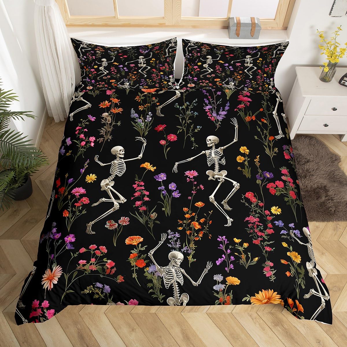 Homewish Śmieszne tańczące zestawy poszewek na kołdrę w rozmiarze king size czarna gotycka kwiatowa pościel dla kobiet mężczyzn, gotycka czaszka upiorna poszewka na kołdrę na Halloween, zestaw