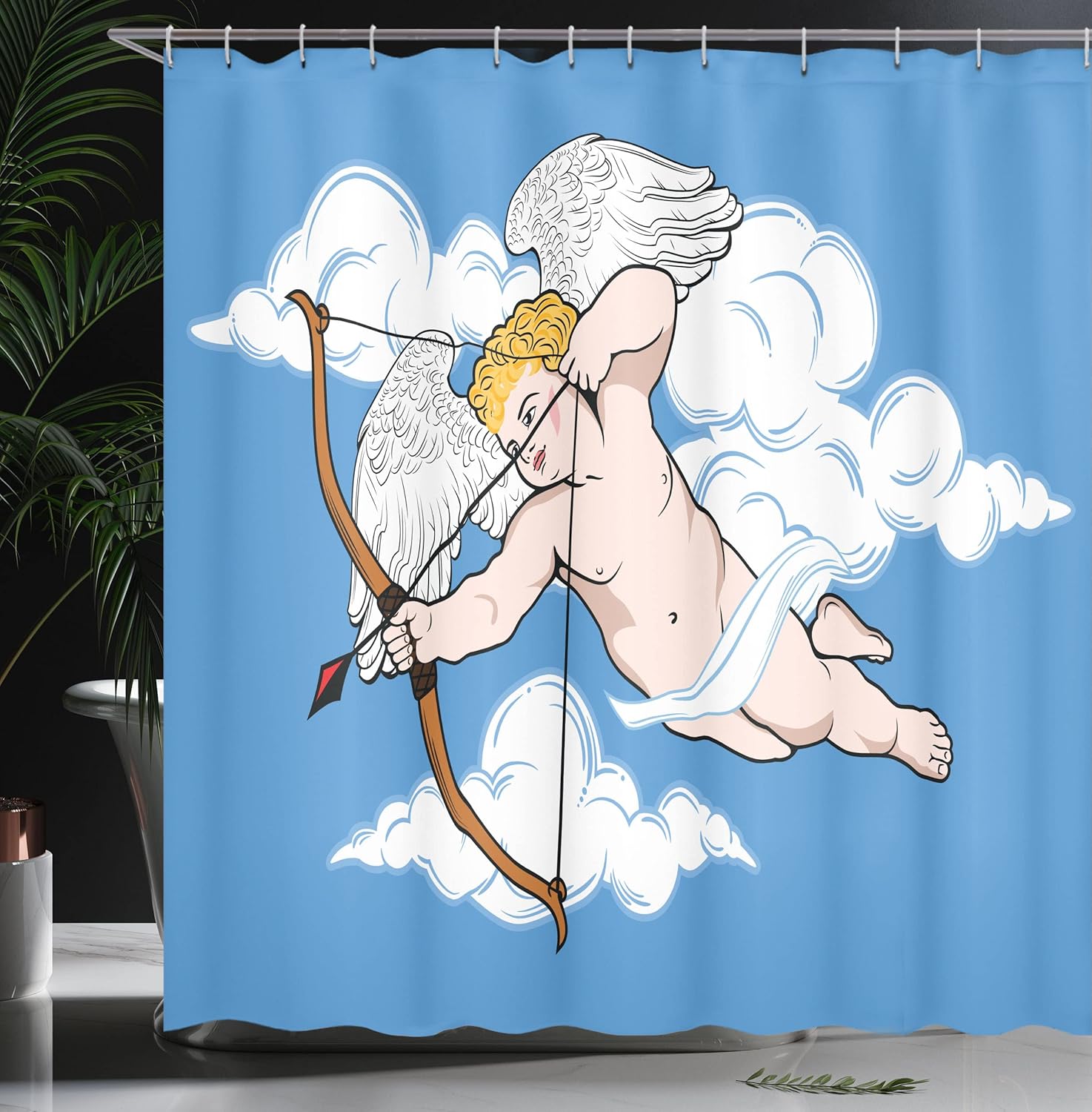 Ambesonne Angel Wings Shower Curtain, Cupid is Aiming from A Bow Love Shoot of Desire on The Clouds Cartoon Print, Cloth Fabric Bathroom Decor Set with Hooks, 69" W x 70" L, Blue and White