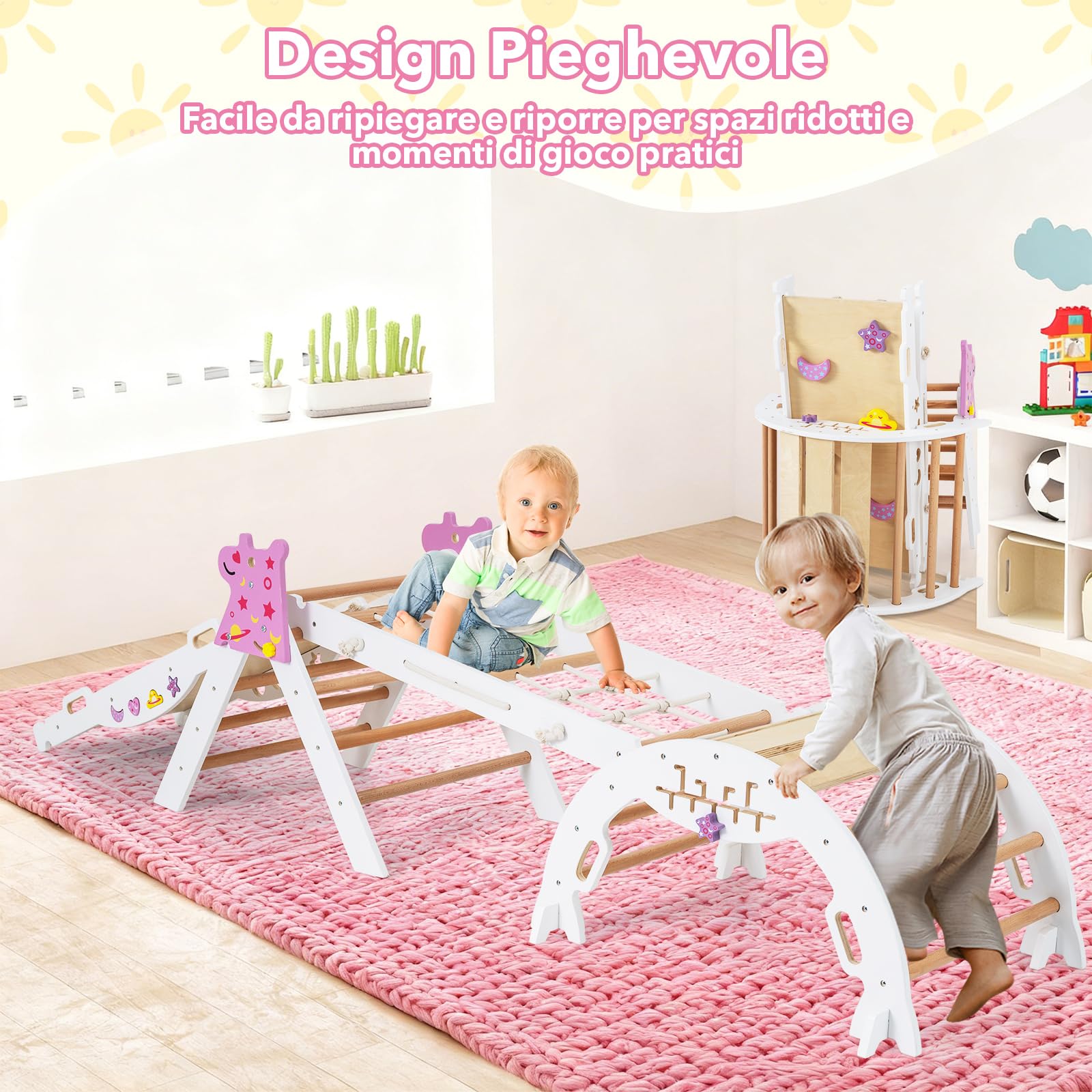 RELAX4LIFE Set da Arrampicata per Bambini, Triangolo di Arrampicata con Scivolo e Arco, Gioco di Incastri in Legno, Gioco Montessori per Bambini 1+ Anni (Unicorno-4 Pezzi | Bianco)
