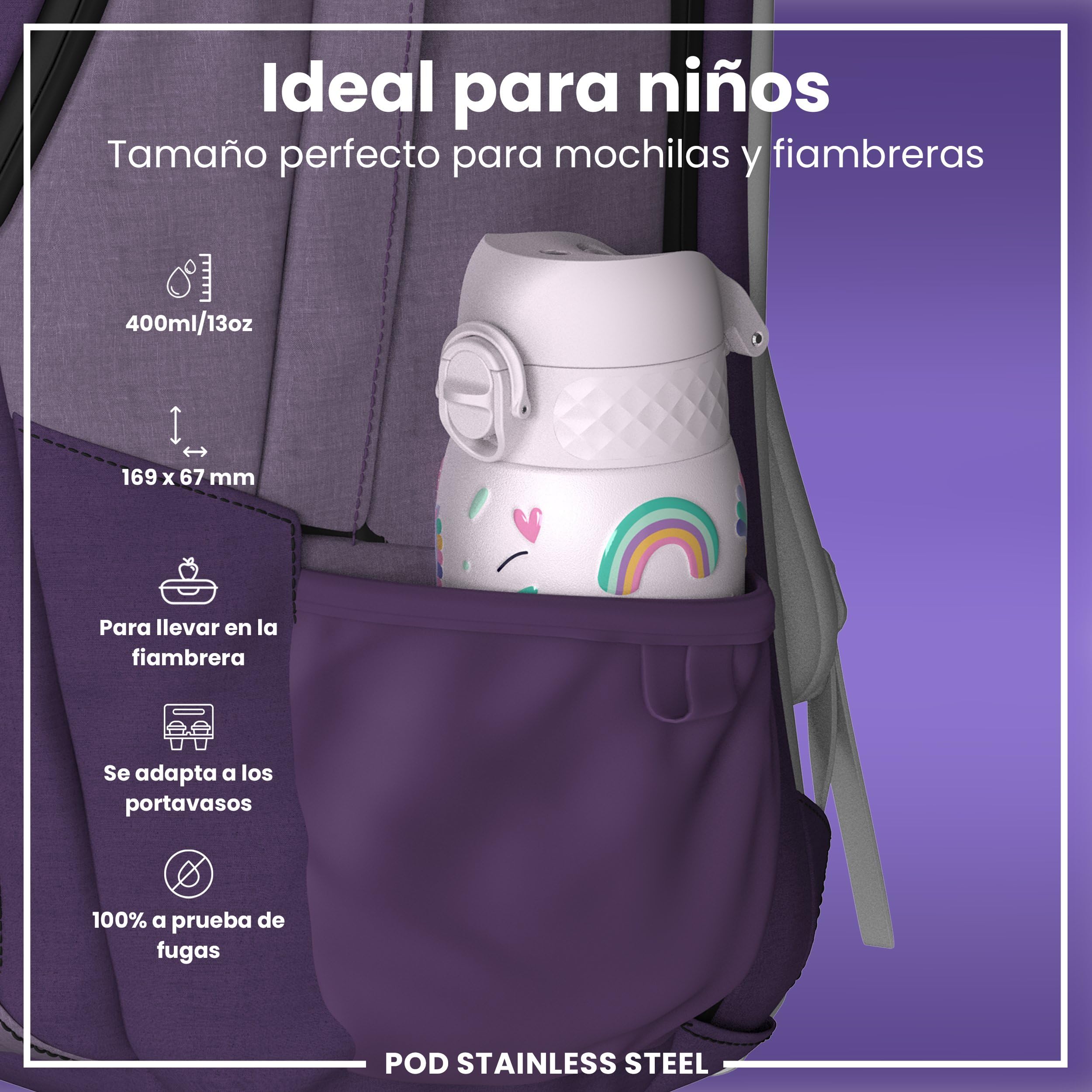 ion8 Botella Agua Inox Ligero para Niños, 400ml, Sin Aislamiento, a Prueba de Fugas, Fácil de Abrir, Cerradura Segura, Apta para Lavavajillas, Tapa Abatible, Fácil de Limpiar, Unicornios, Rosa