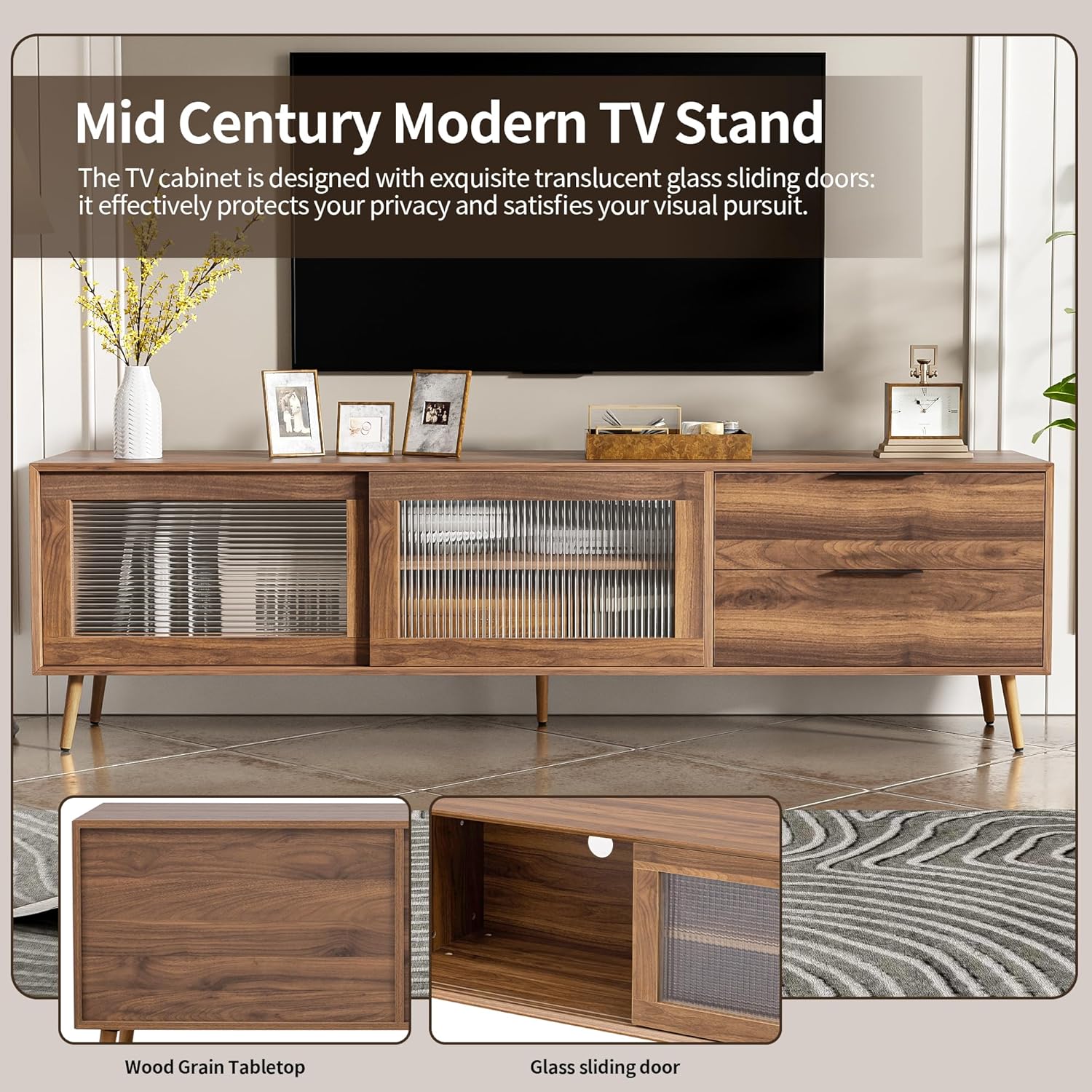 Merax Modern TV Stand Consoles for Living Room, Solid Wood Entertainment Center with 2 Drawers & Storage Cabinets, Practical Media Console for Televisions Up to 78'', Walnut