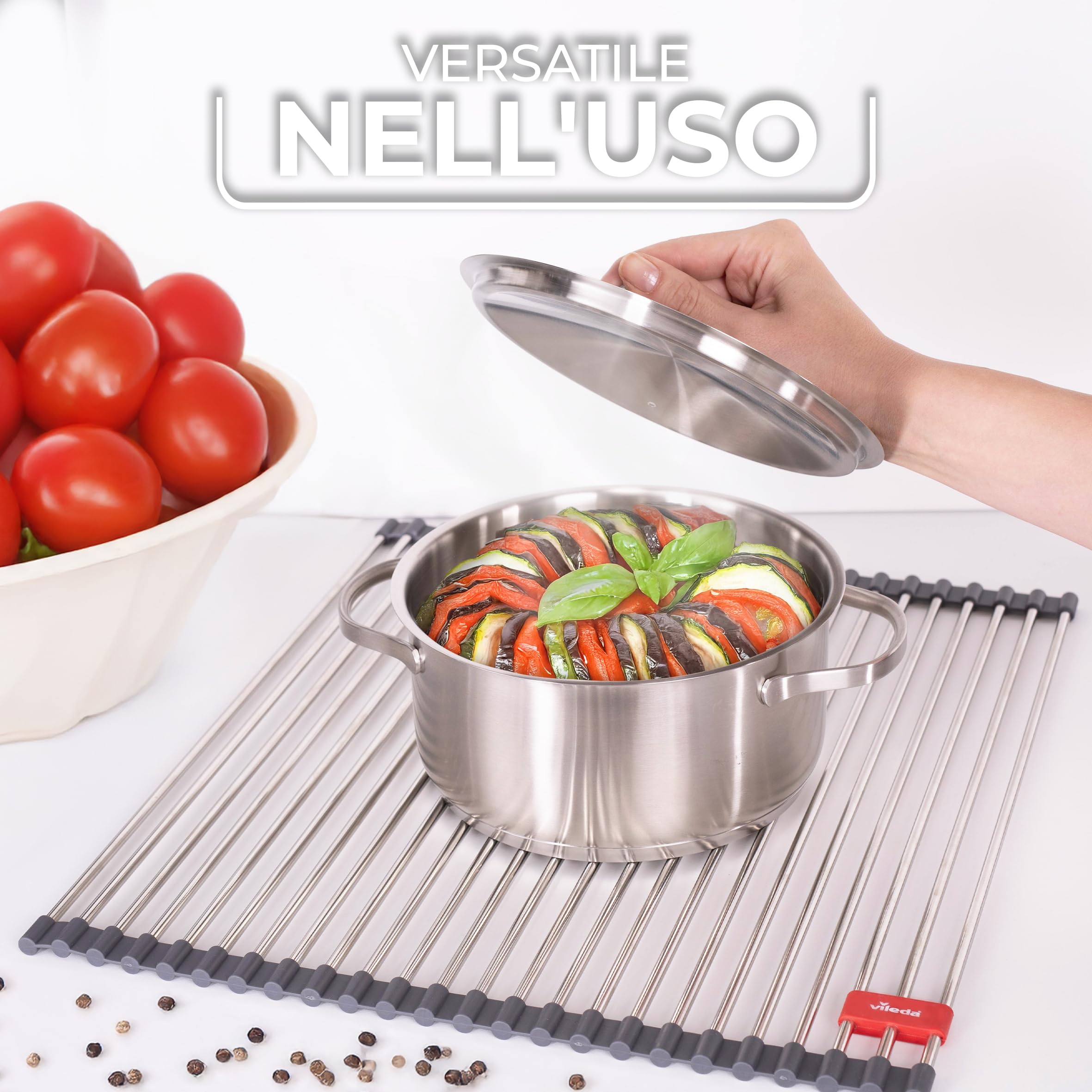 Vileda Scolapiatti Arrotolabile per Lavello 45x40cm in Acciaio Inox e TPE - 24 Barre, arrotolabile - Scolapiatti e Coprilavello - Scolapiatti Pieghevole - Griglia per Lavandino Cucina