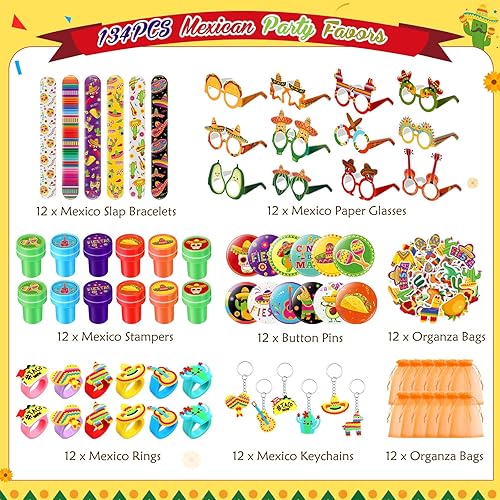 Miniatura 2 de Honoson 134 piezas de regalos de fiesta mexicanos a granel, lentes mexicanos, llaveros, pulseras, calcomanías, alfileres de botón, anillos,