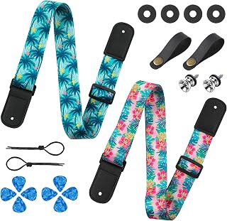 2 PCS 51.6" Adjustable Ukulele Strap with Leather Ends for Ukulele Banjo | Soft Ukulele Straps for kids Adult, Uke Shoulder Strap for Soprano Concert Tenor Baritone, 0.46mm Picks (Plant)