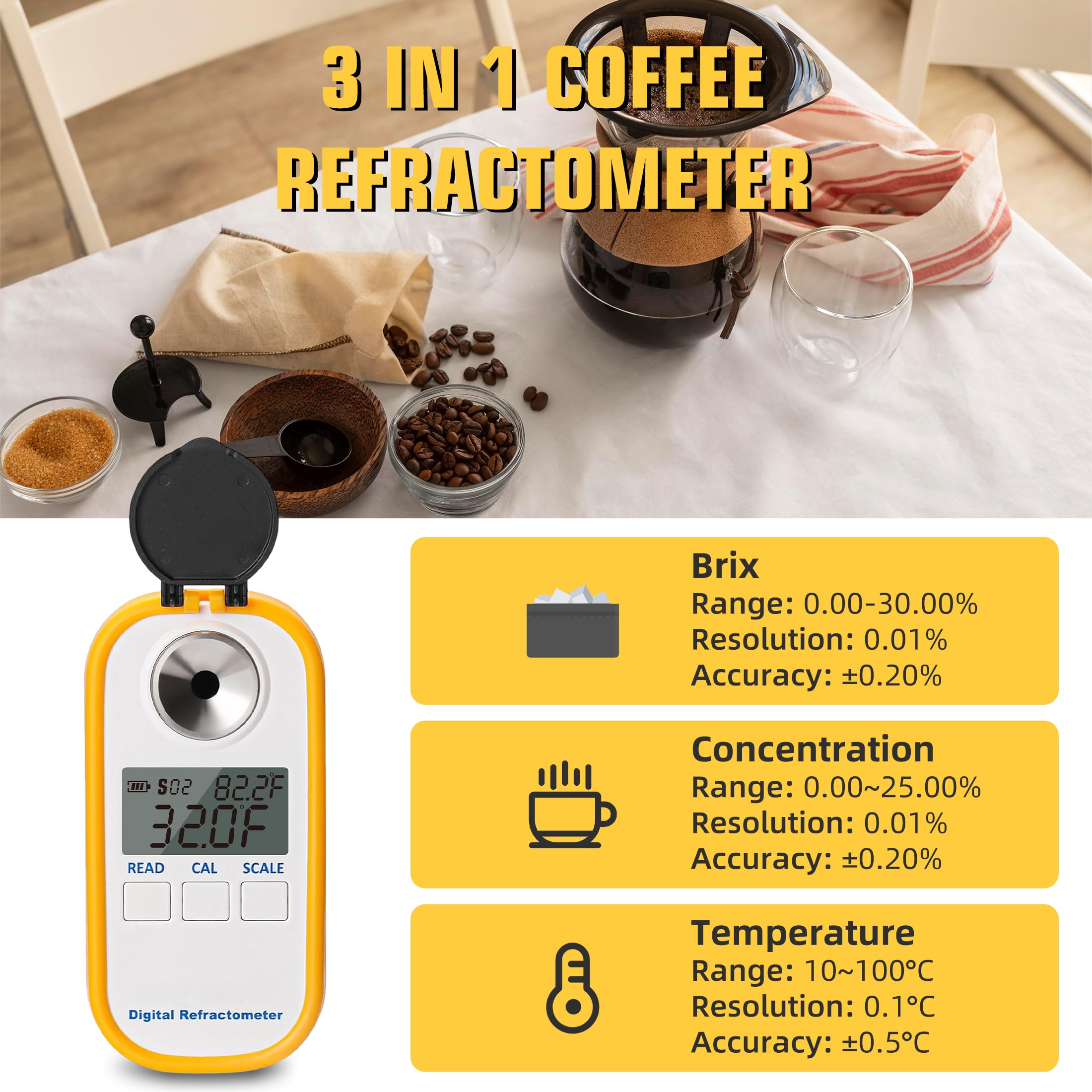 densitómetro, alta precisión Medidor de densidad de azúcar bebidas de café, café portátil Brix Medidor de TDS Digitales, Temperatura disponible