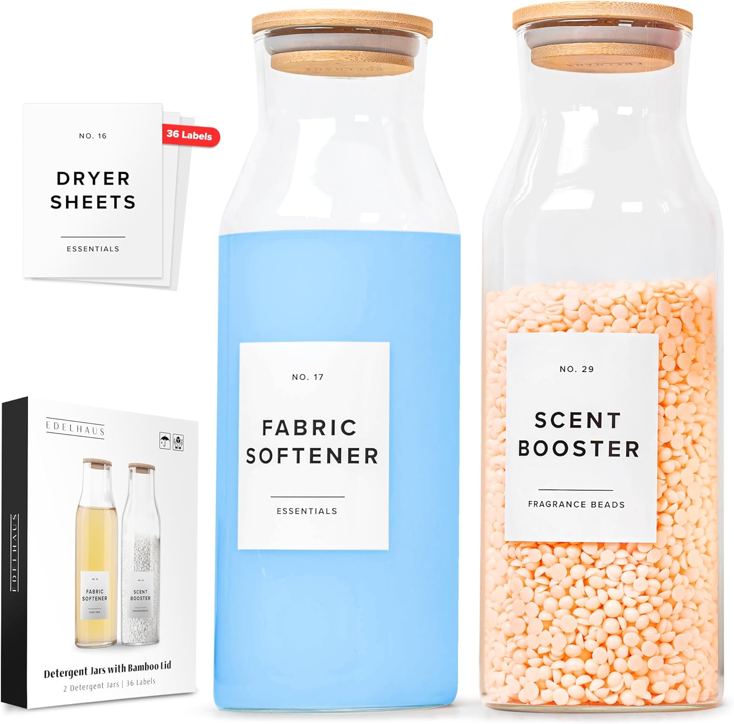 Glass Laundry Detergent Dispenser Containers with 36 Labels – Glass Jars with Lids – Laundry Room Organization – Storage Containers for Detergent, pods, liquid Fabric softener, Scent Booster Set of 2