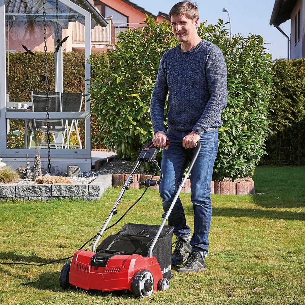 Einhell - Escarificador y aireador eléctrico para césped, 1200 W, 28 L, Cable de 10 m, 3 Profundidades de Trabajo, escarificador y aireador cambiables - GC-SA 1231/1 rastrillo de eliminación para