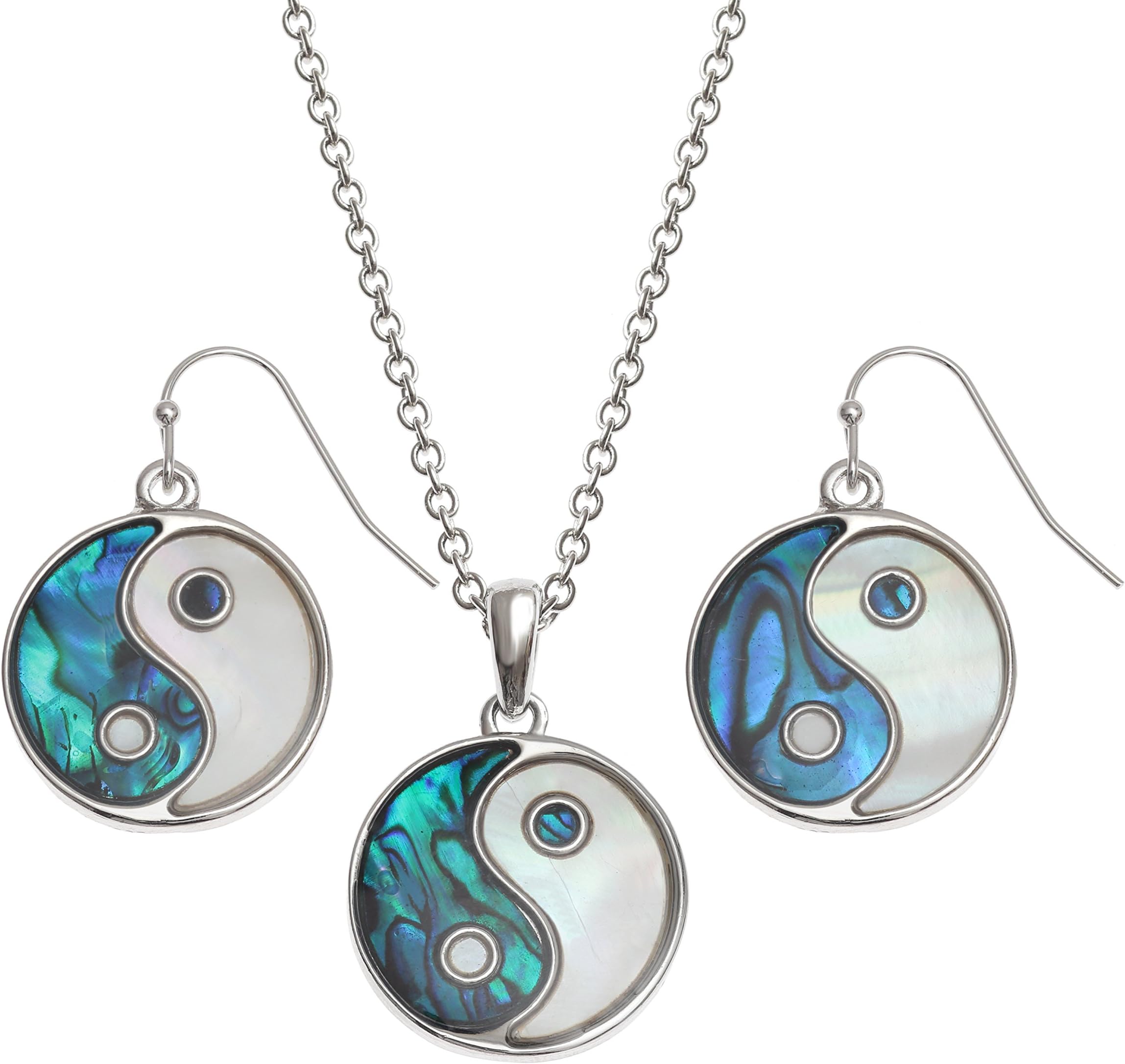 Kiara Jewellery Yin Yang Set Of Reversible Pendant Inlaid With Natural & And Mother Of Pearl Paua Abalone Shell on 18" Trace Chain Together With Matching Hypoallergenic Rhodium plated Earrings.