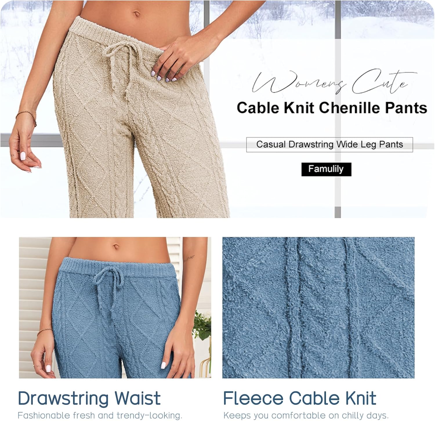 Famulily Womens Cable Knit Chenille Long Pants Casual Drawstring Wide Leg Pants Fleece Warm Pajamas Pants - Image 5