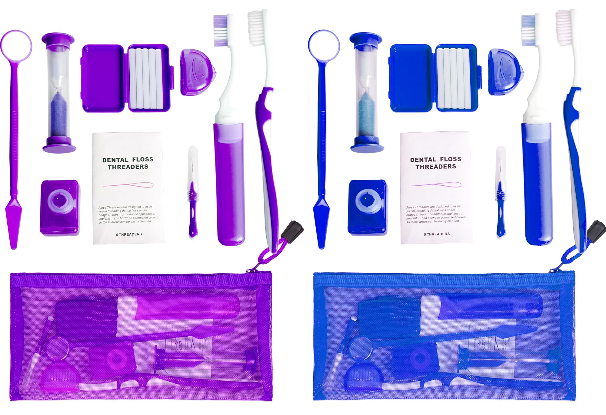 Uouovo Portable Orthodontic Oral Care Kit for Braces -2 Orthodontic Care Set - Dental Braces Kit, Interdental Brush Dental Wax Dental Floss Toothbrush Cleaning Kit (Purple_Blue)