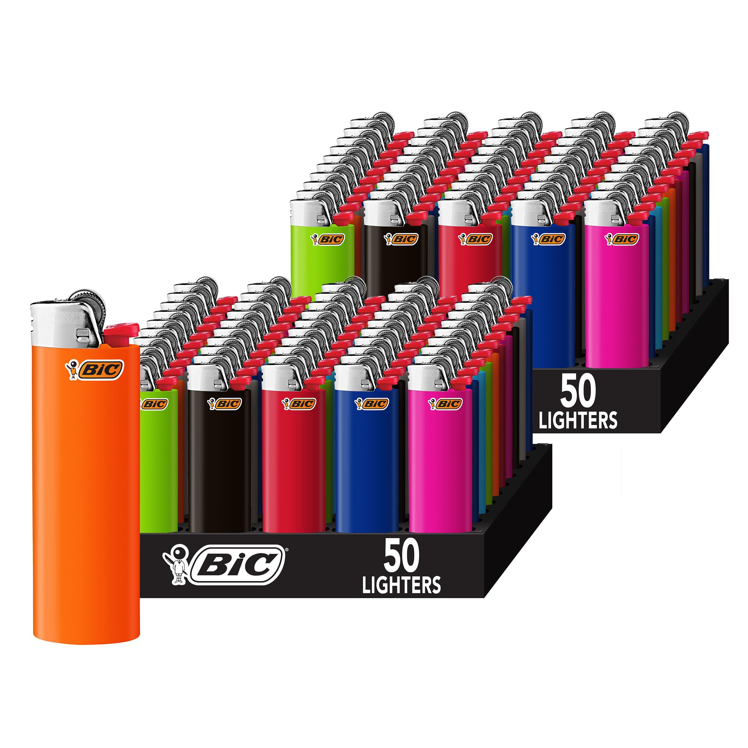 Maxi Pocket Lighter, Classic Collection, Assorted Dark Blue, Red, Gray, Light Blue, Pink, Black and Purple Unique Lighter Colors, 100 Count Tray of Lighters
