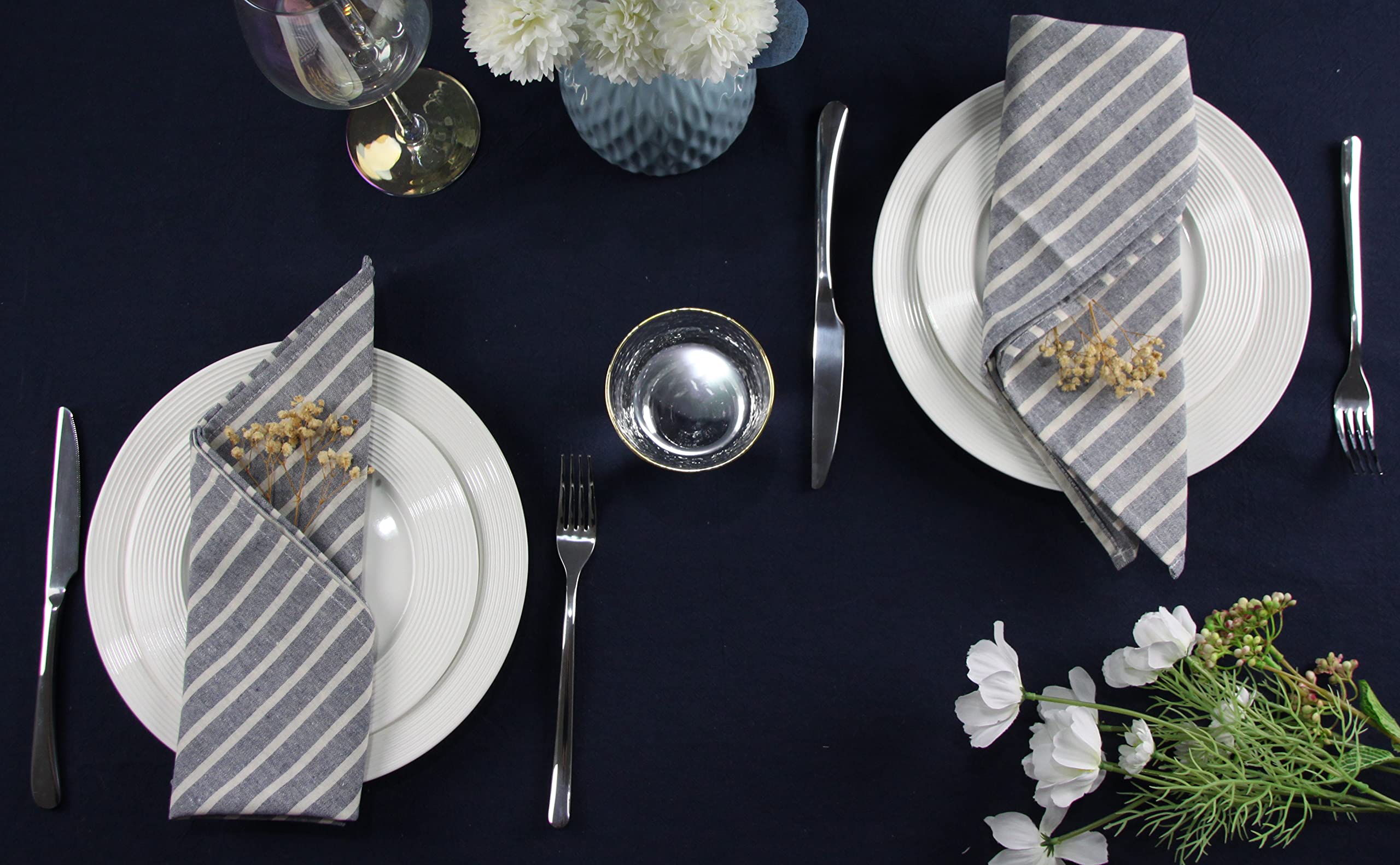 Lot de 12 serviettes de table larges en coton mélangé à rayures pour événements et usage domestique Bleu marine 43,2 x 43,2 cm