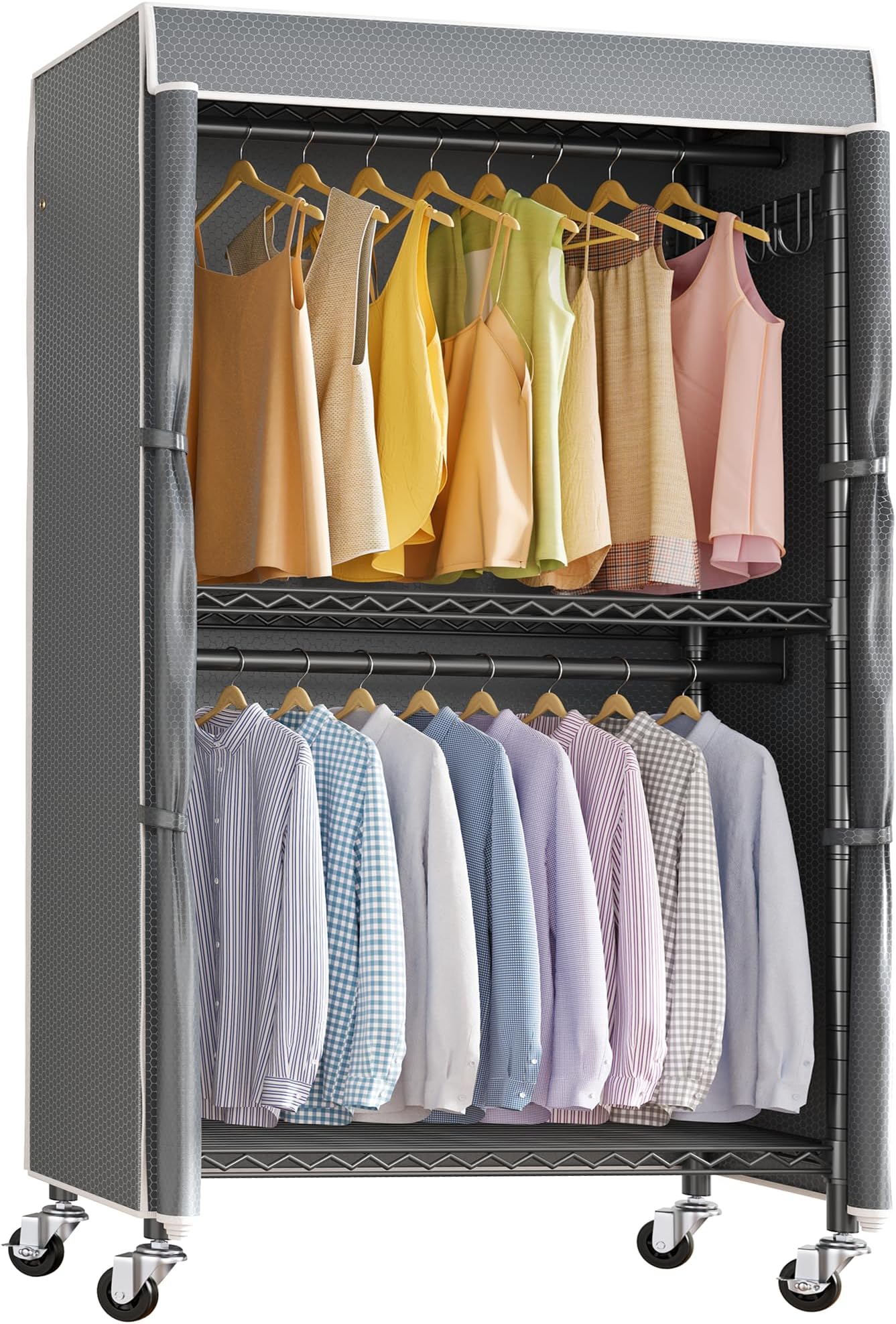 VIPEKV12C Mini Rolling Garment Rack with Cover Heavy Duty Clothes Rack Adjustable Clothing Rack for Hanging Clothes Portable Closets with Double Rods, Wardrobe on Wheels, Black Rack with Grey Cover