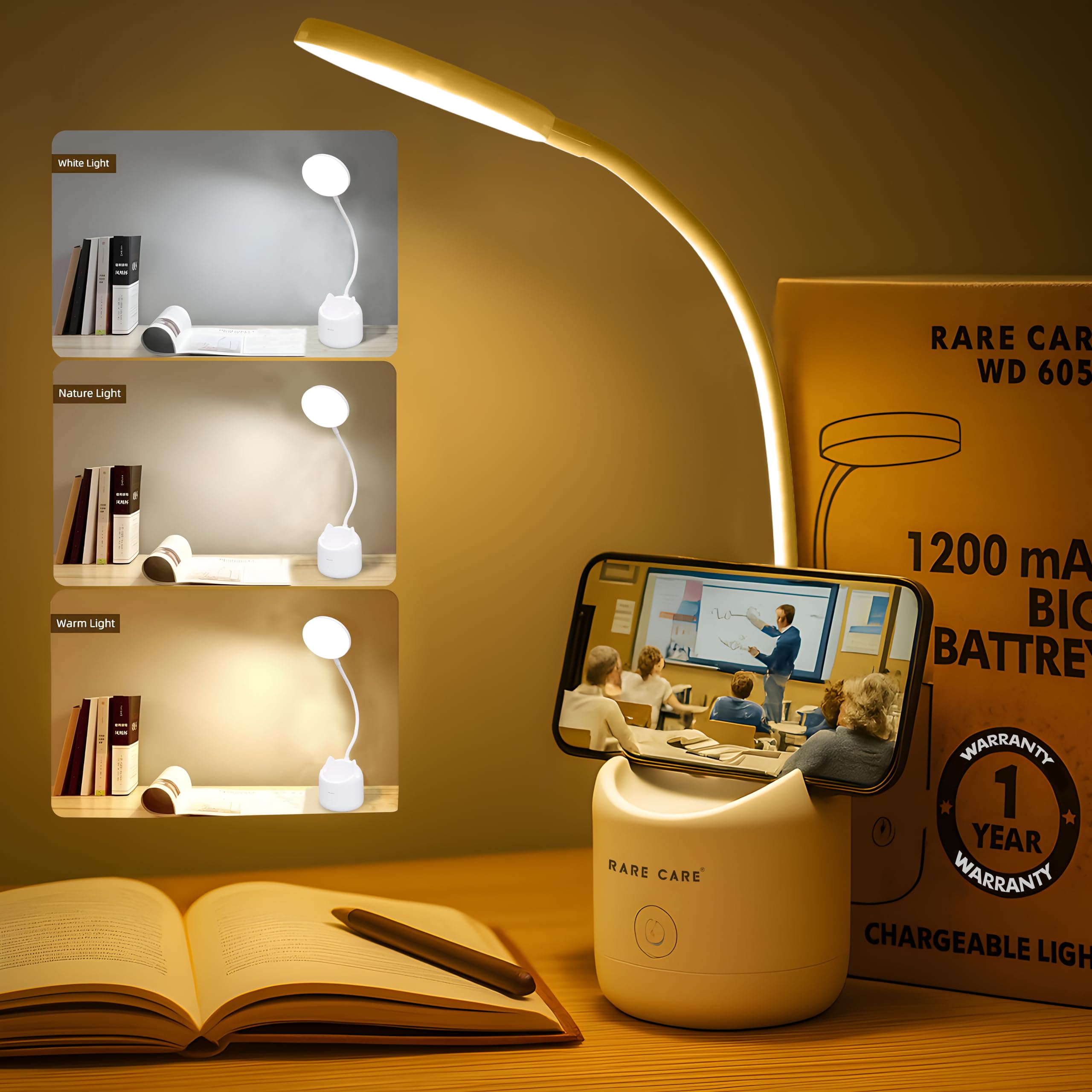 RARECARE Table Lamp for Study Room | Study Lamp with 3 Light Modes | 1 Year Warranty | Lamp Light for Study | Rechargeable Led Light with Big Battery - 1200 mAh-image-36