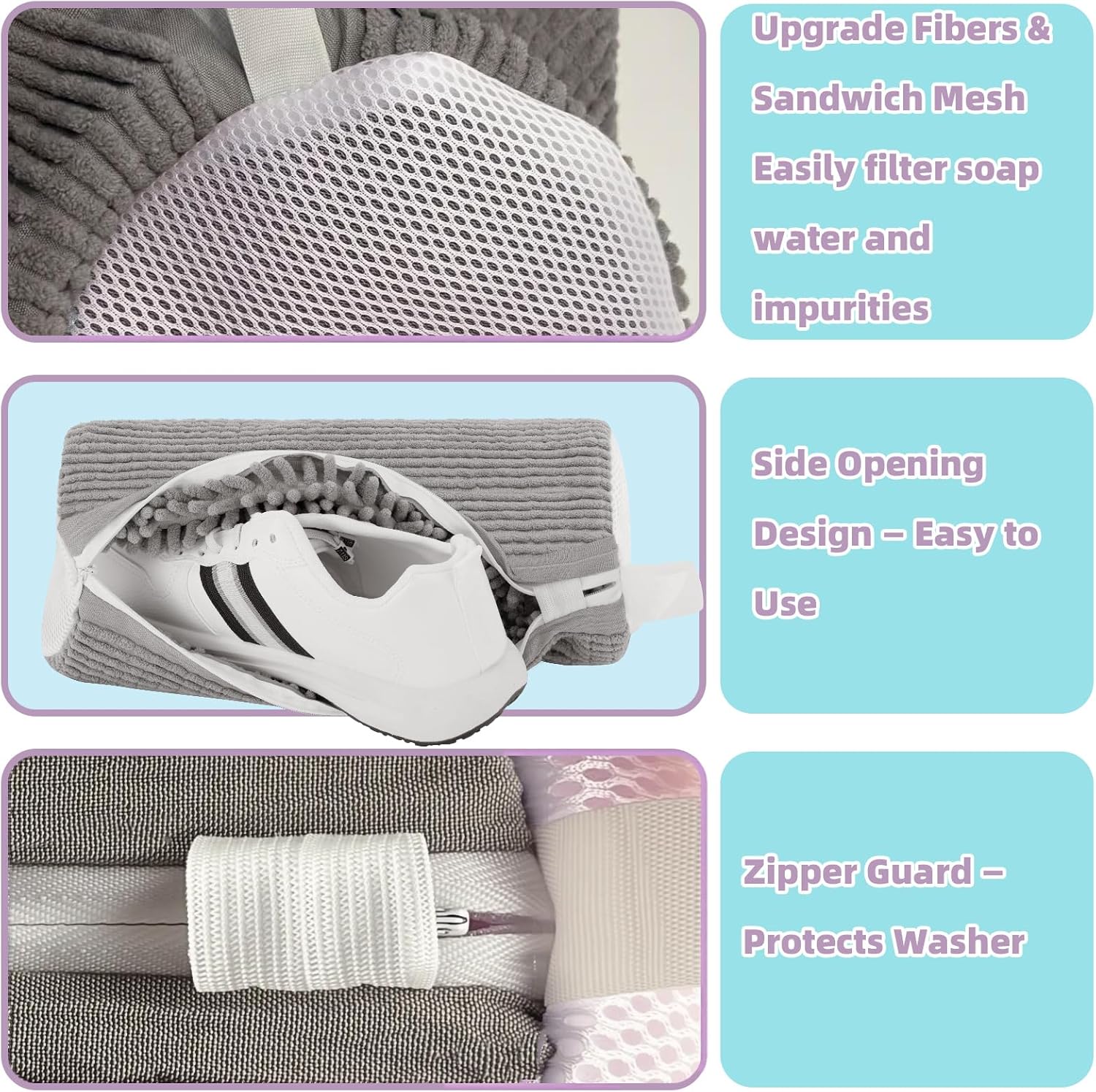Shoe Washing Machine Bag Shoe Laundry Bags for Sneakers Reusable 2pc Shoes Cleaning Bags 360° Deep Clean for All Shoes Types With Invisible Zipper - Image 3
