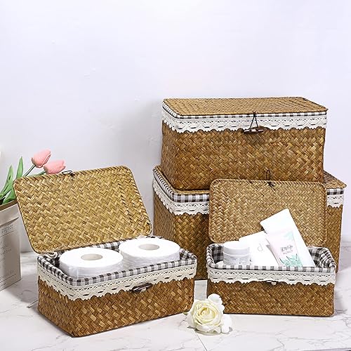 Miniatura 2 de Hipiwe Cesta de mimbre con tapa cesta de almacenamiento tejida de hierba marina con forro para organización de estantes cesta decorativa tejida a