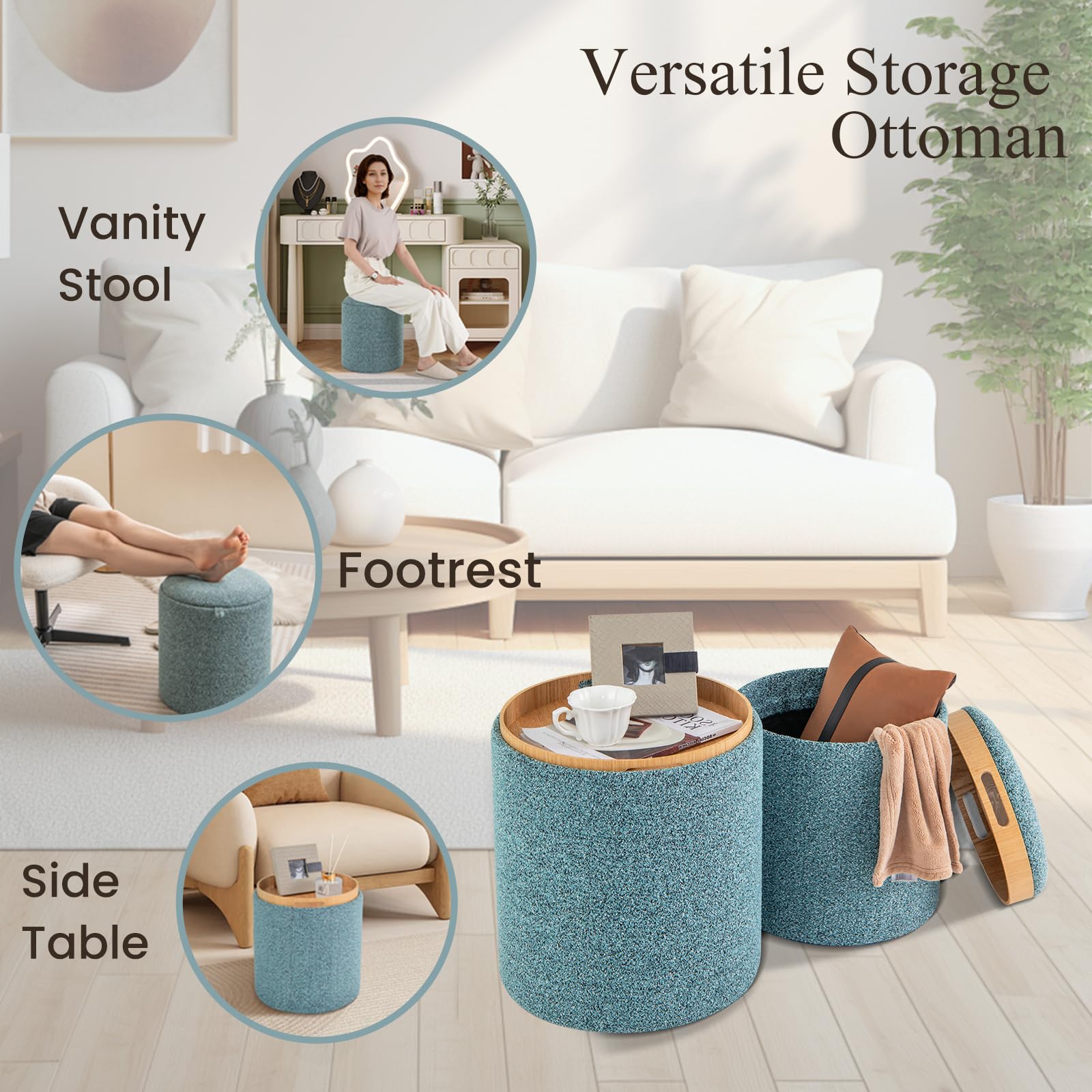 HOMASIS Set di 2 Pouf Contenitore Rotondo, Puff Poggiapiedi con Coperchio Reversibile e Maniglie Laterali, Sgabello Contenitore per Soggiorno, Camera da Letto, Azzurro
