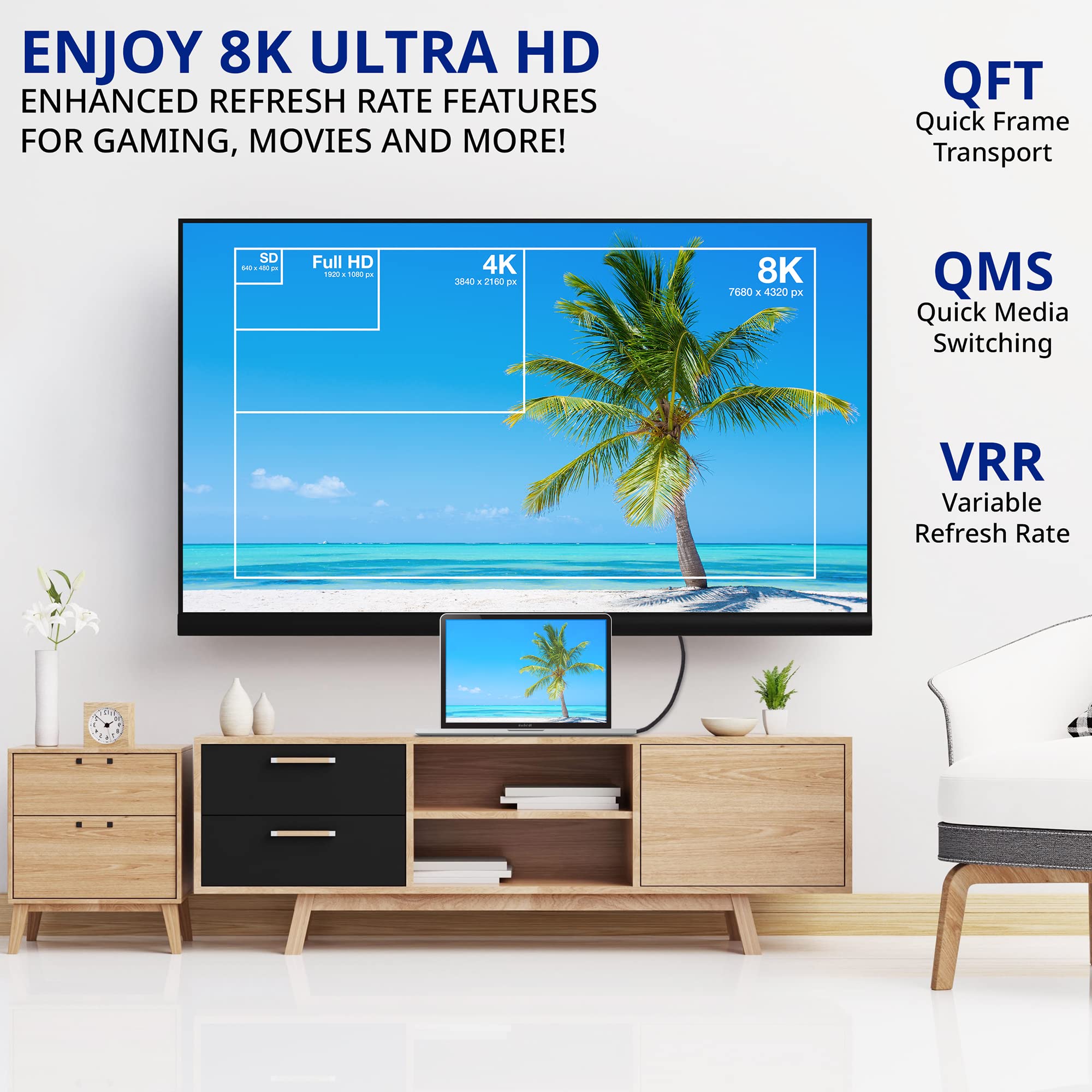 RitzGear Câble HDMI 2.1 8K 4 m Câble en nylon tressé ultra haute vitesse 48 Gbit/s et connecteurs dorés – Vidéo UHD 10K/8K @ 60 Hz/4K @ 120 Hz/4K @ 60 Hz/2K/1080p. Compatible avec TV UHD/moniteur/PC