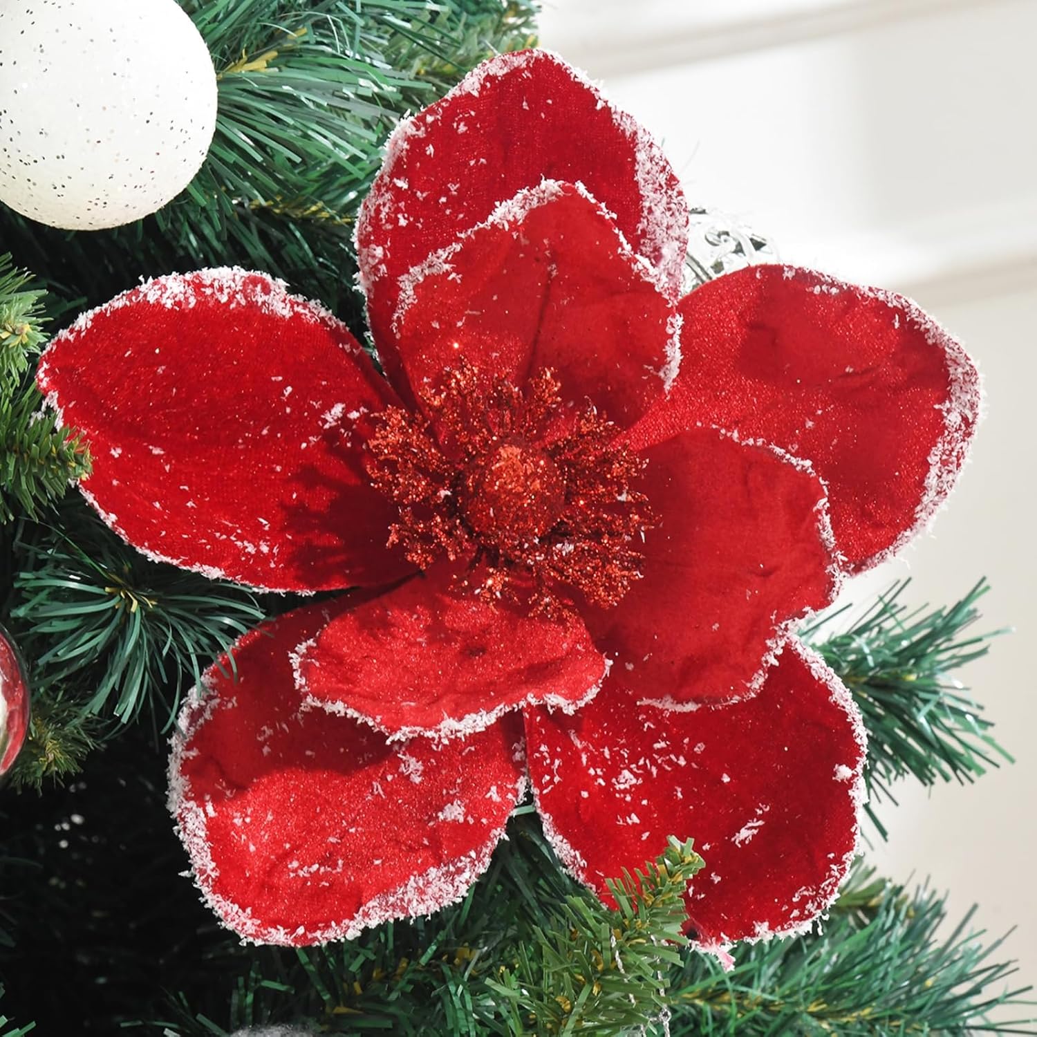 10” Large Christmas Poinsettias Flower Velvet Magnolia Artificial Floral Ornaments Picks Stems Christmas Tree Decorations Pack of 10 for Xmas Tree Party Wedding Centerpiece (Pure White)