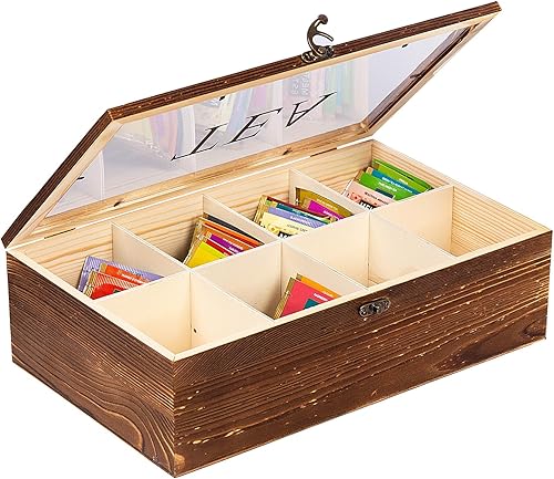 Organizador de bolsitas de té de madera con antorchas rústicas, múltiples compartimentos, tapa acrílica transparente, color marrón oscuro, bolsa de