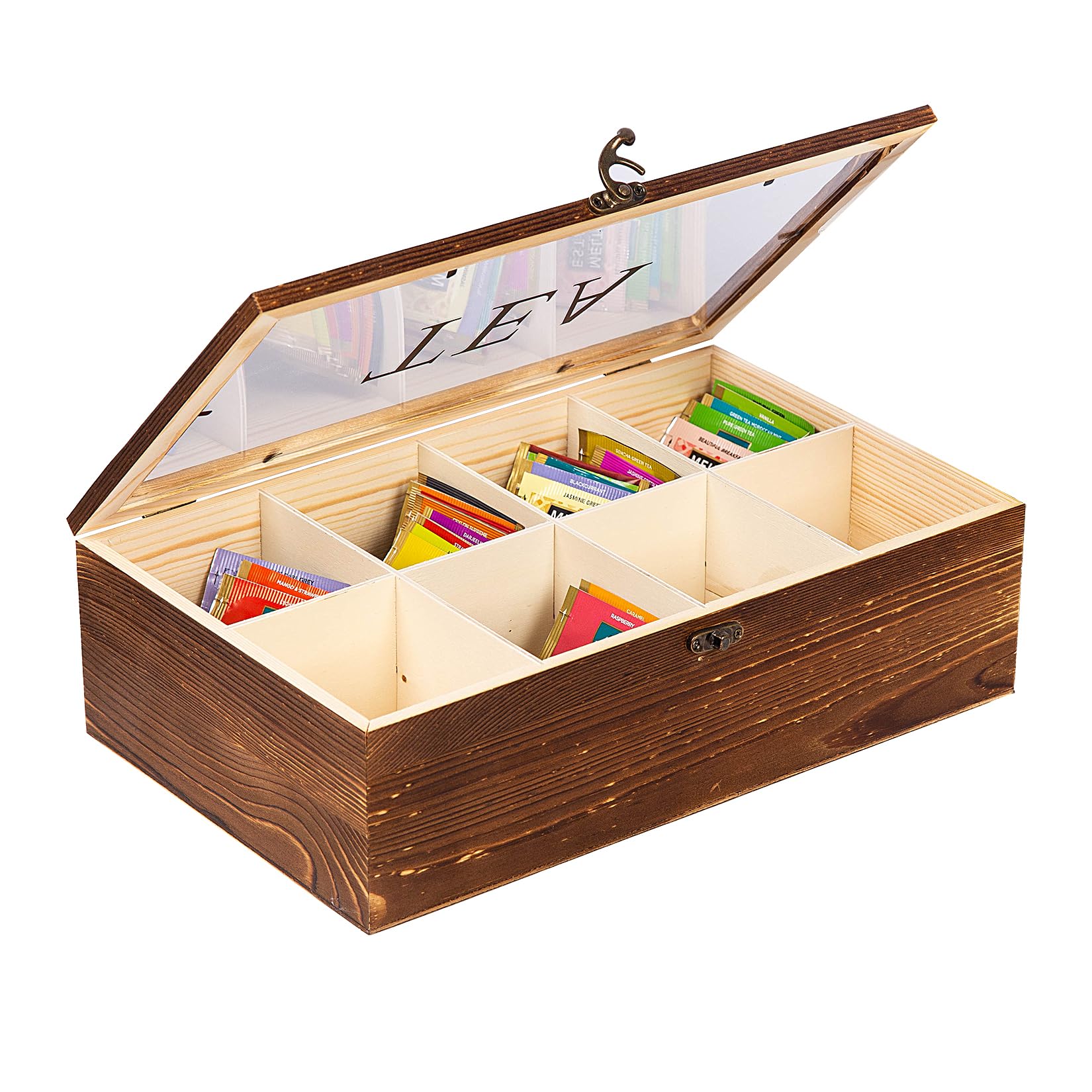 ExoLiry Rustic Torched Wooden Tea Bag Organizer Multiple Compartments Acrylic Clear Lid Dark Brown Burnt Wood Teabag Storage Divider Chest Holder TEA Lettering Vintage Style Latch Desktop Countertop