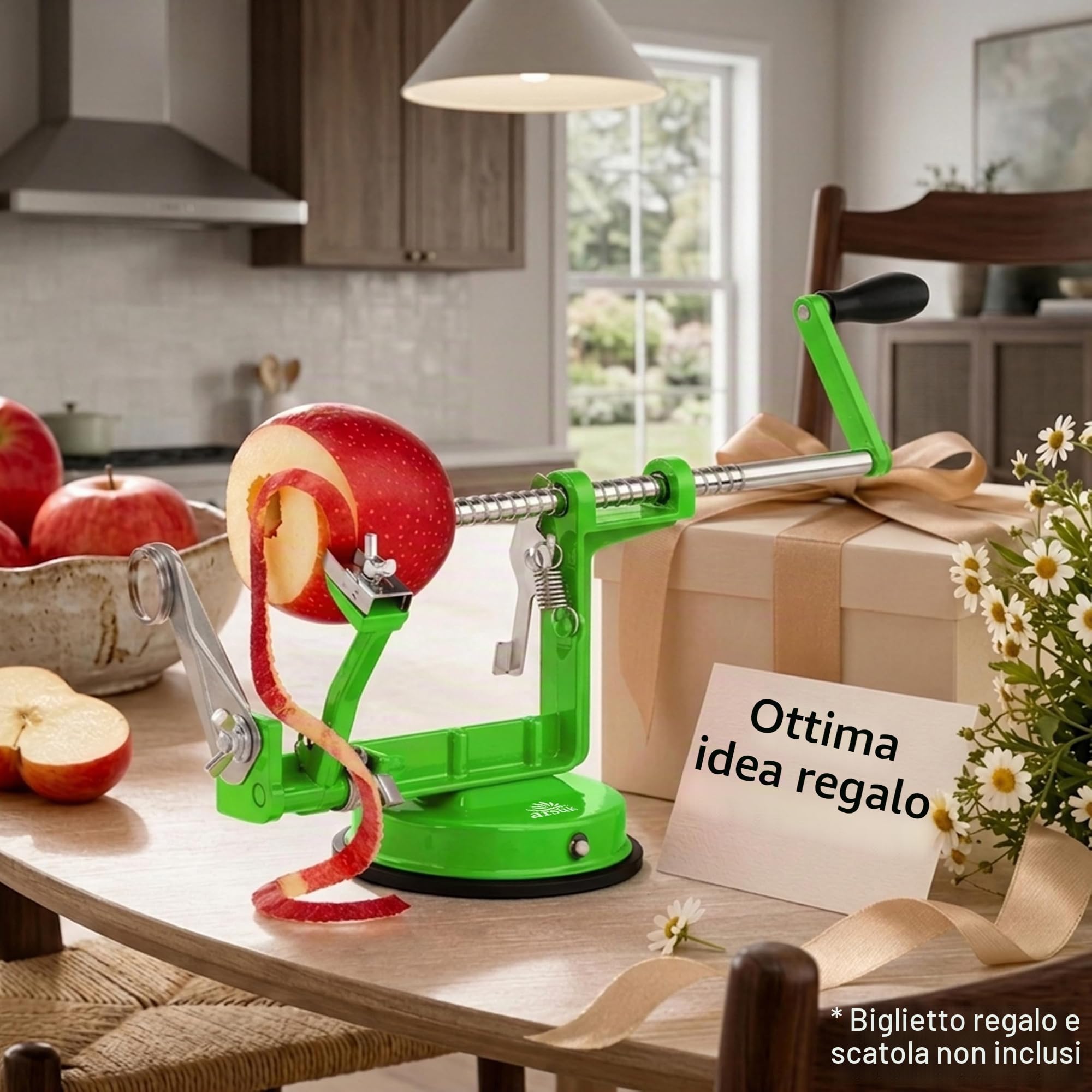 ARSUK Sbuccia Mela - Pelatore, Affettatore e Levatorsoli, Pelapatate Frutta Verdure e Patate Pela 3 in 1 - Pelamele Macchina, Corpo Ghisa, Lama Regolabile in Acciaio Inox, Base a Ventosa Antiscivolo