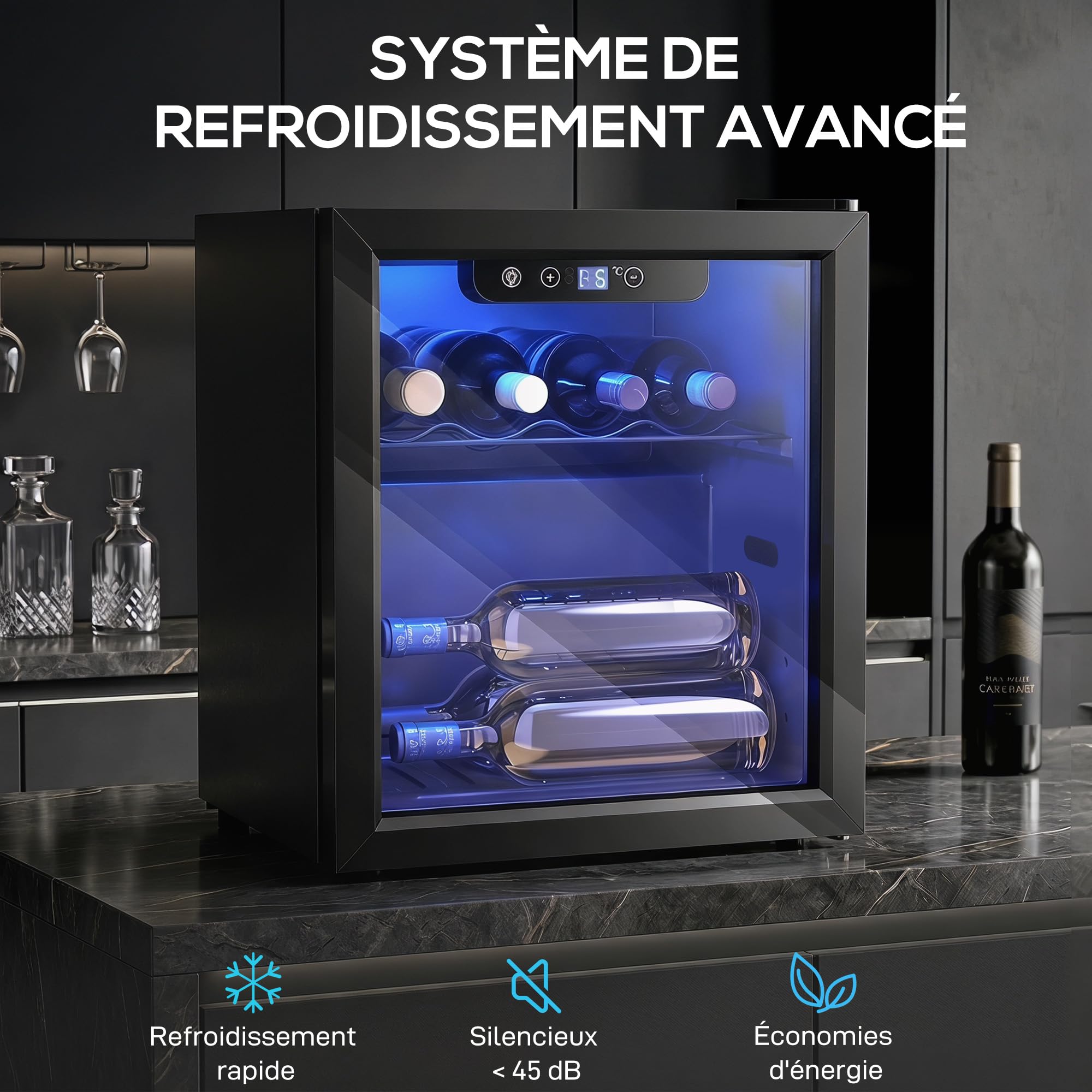 HOMCOM Cave à Vin 12 Bouteilles 36L, Réfrigérateur à Vin avec Température Réglable 4-16°C, Porte Réversible en Verre Trempé, Noir
