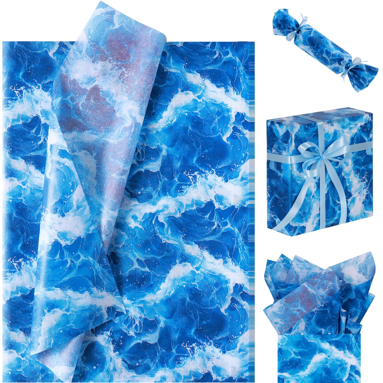100 Sheet Ocean Wave Tissue Paper, 20x14 inch Blue Sea Waves Wrapping Seamless Print Waves Tissue Paper for Beach Pool Birthday Summer Ocean Theme Party
