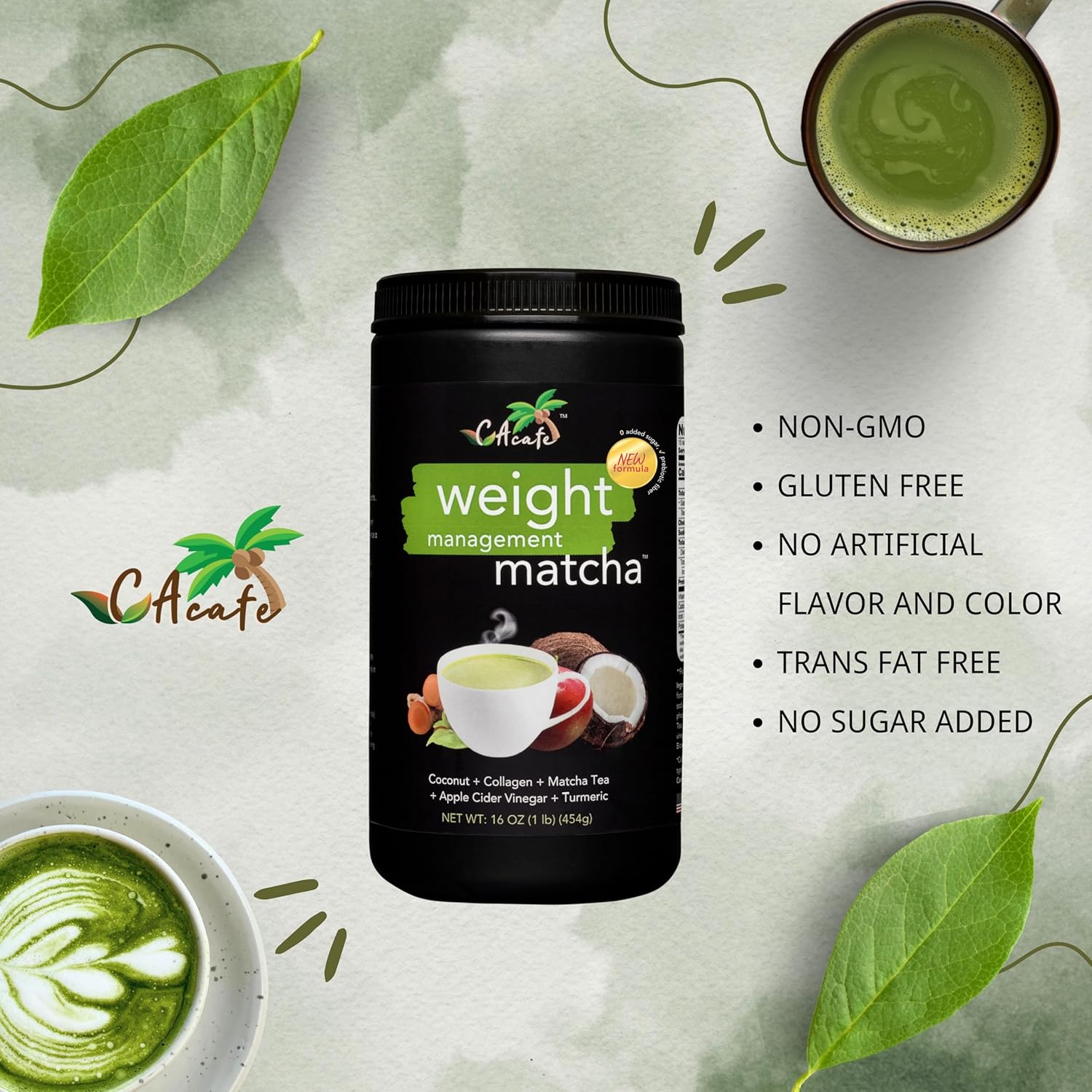 CAcafe Matcha Tea | Updated Formula with Collagen, Turmeric, Coconut Oil & Japanese Matcha | Crafted for Digestive Wellness, Energy & Daily Balance | Non-GMO, Gluten Free, No Added Sugar