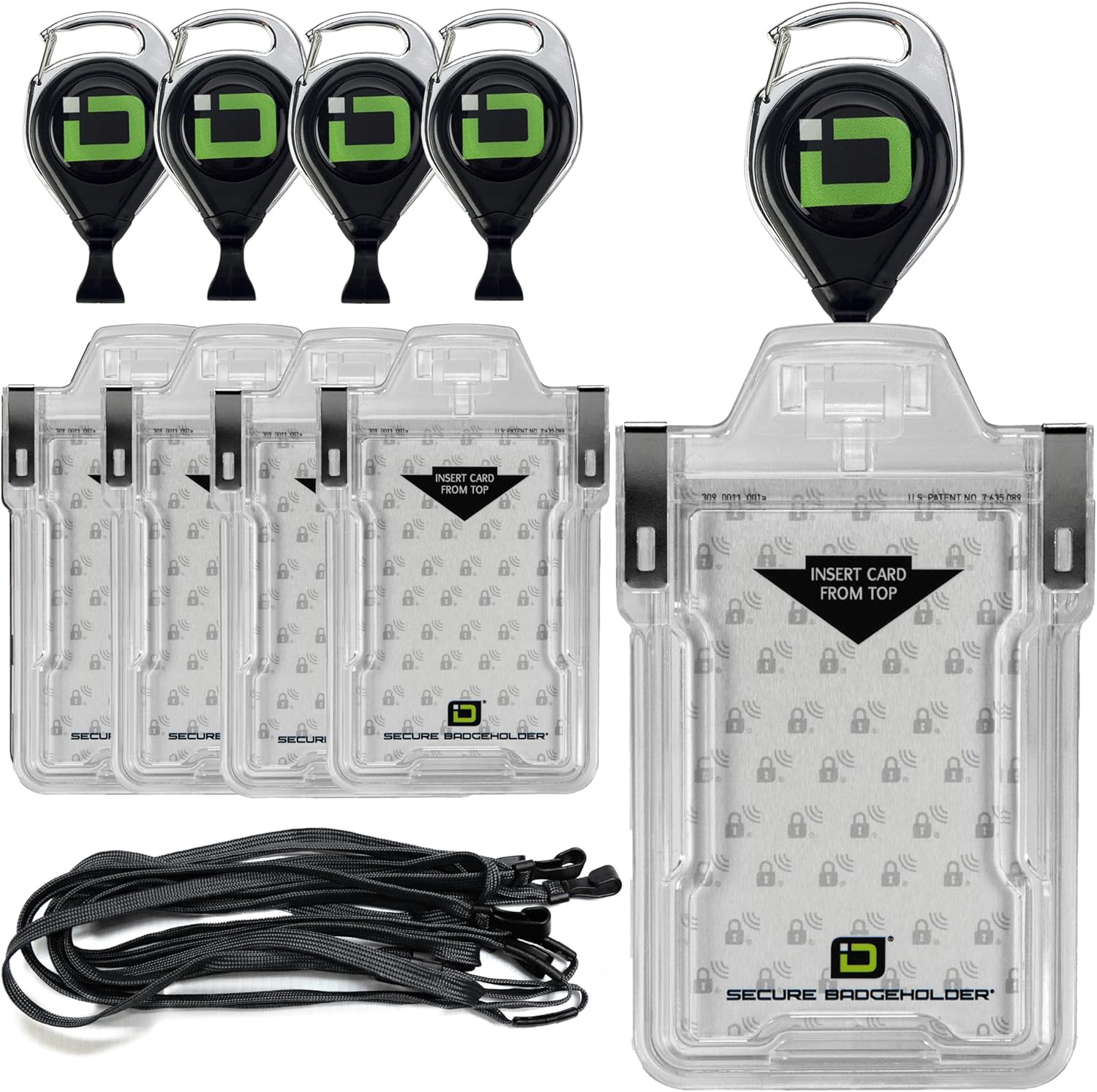 5 Pack ID Stronghold Secure Badgeholder Classic Card ID Badge Holder with Lanyard and Retractable Reel - RFID Blocking Badge Holder Made in The USA (Clear)