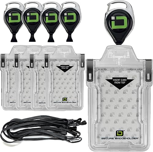 ID Stronghold - Paquete de 5 portainsignias seguro para tarjetas de identificación clásicas con cordón y carrete retráctil, soporte para tarjetas de