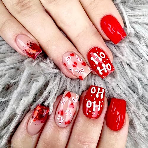 Miniatura 1 de Uñas postizas a presión de Navidad, uñas cortas rojas, uñas acrílicas a presión, uñas postizas con diseños, uñas adhesivas, 24 unidades de uñas con