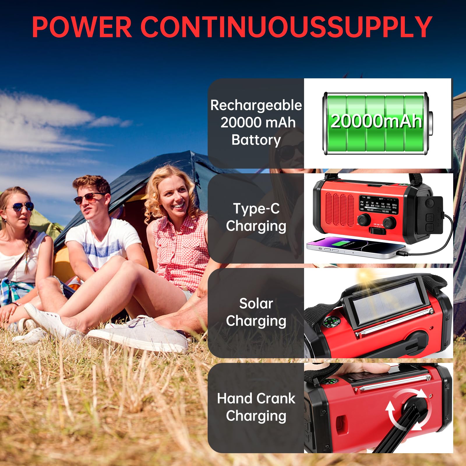 Radio d'urgence à manivelle solaire, radio météo AM/FM/NOAA intégrée 20 000 mAh, chargeur de type C, lampe de poche, lampe de lecture, SOS, compacte et portable pour camping/urgences