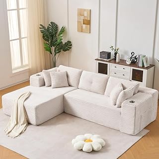 YKVIQBY 105" Modular Cloud Sectional Sofa, Plush Corduroy L-Shaped Couch with Deep Seat Chaise, Boneless No Assembly Beige
