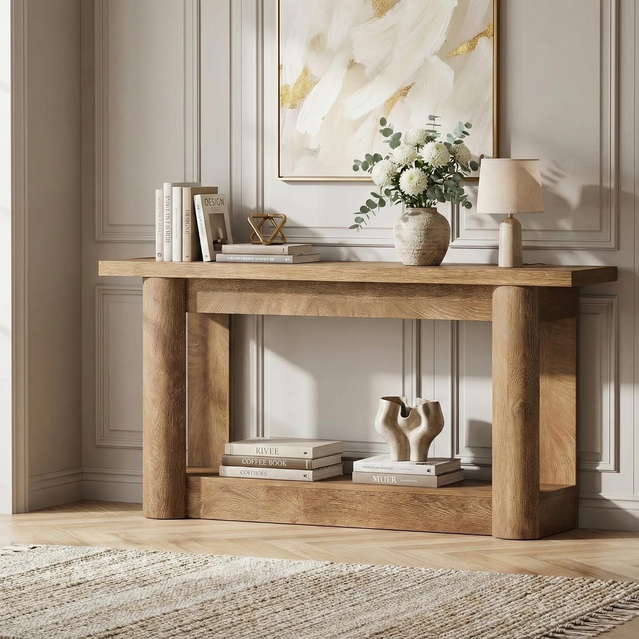 Lailang 160cm Konsola do przedpokoju w Stylu Farmhouse, Prostokątny Stół Konsolowy, Stolik sofa z 2 poziomami, Drewniana Konsola do korytarza, Wąski Stolik wejściowy, 160 x 40 x 76 cm, Brązowy