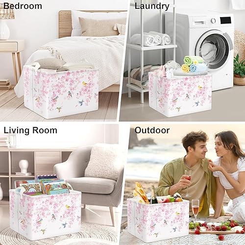 Miniatura 7 de Clastyle Cesta de almacenamiento rectangular de flores de cerezo de primavera para niña, pájaro rosa, cesta de almacenamiento, 36 L